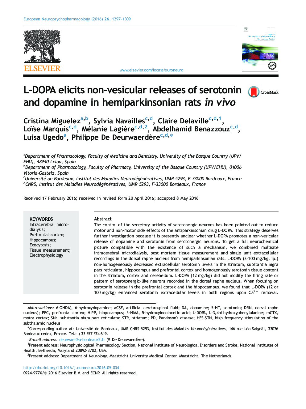L-DOPA elicits non-vesicular releases of serotonin and dopamine in hemiparkinsonian rats in vivo