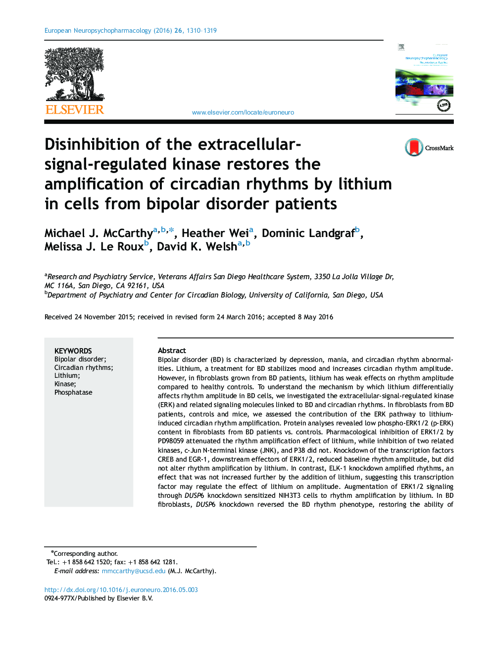 Disinhibition of the extracellular-signal-regulated kinase restores the amplification of circadian rhythms by lithium in cells from bipolar disorder patients