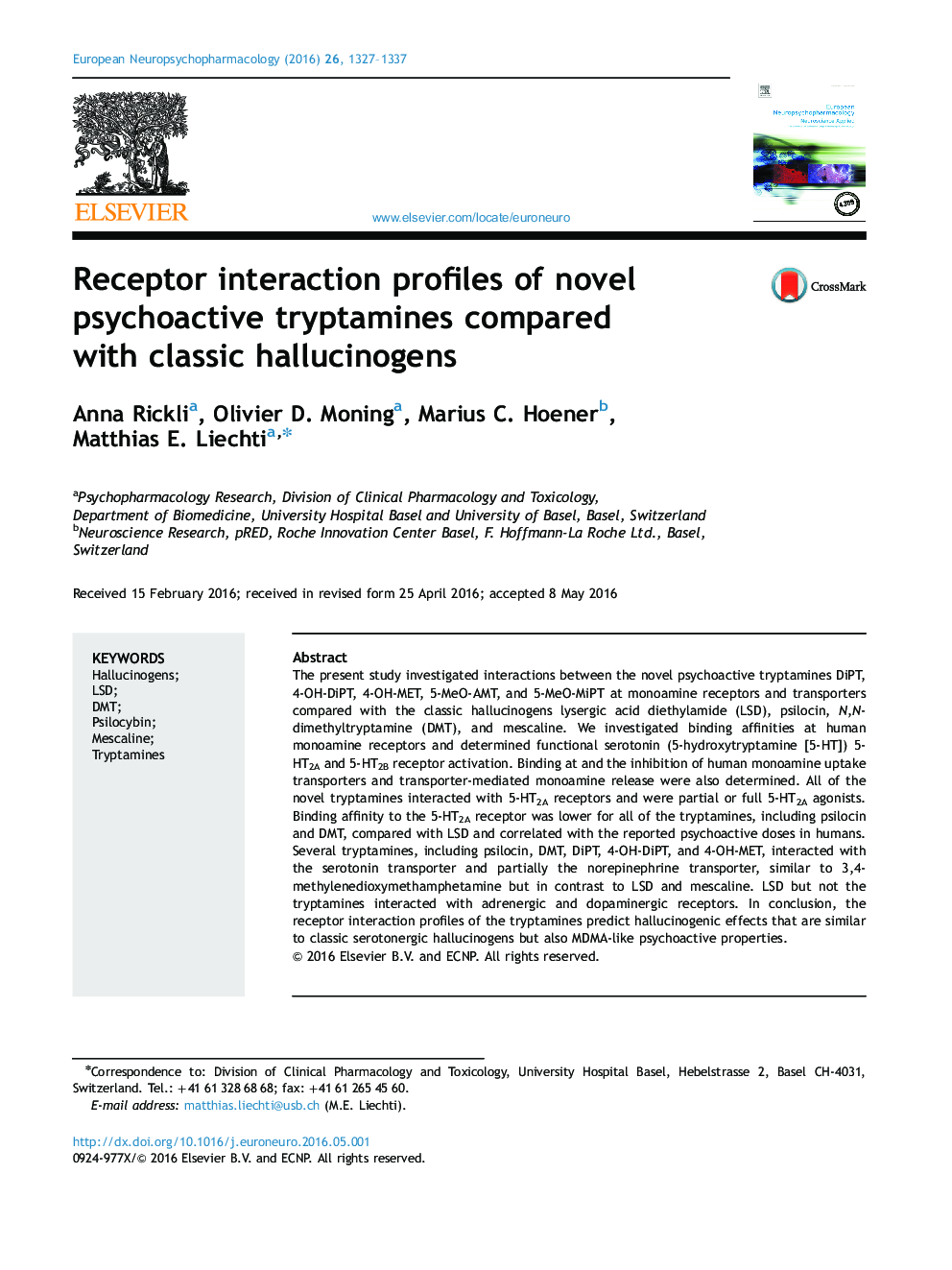Receptor interaction profiles of novel psychoactive tryptamines compared with classic hallucinogens