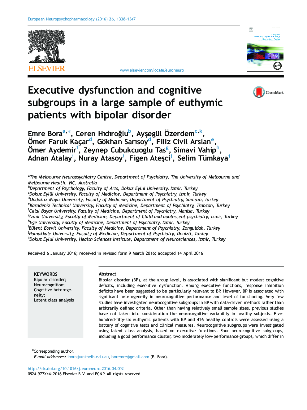 Executive dysfunction and cognitive subgroups in a large sample of euthymic patients with bipolar disorder