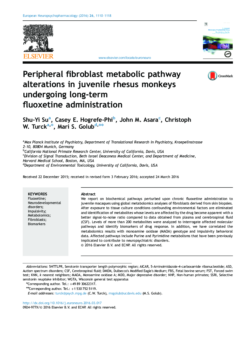 Peripheral fibroblast metabolic pathway alterations in juvenile rhesus monkeys undergoing long-term fluoxetine administration