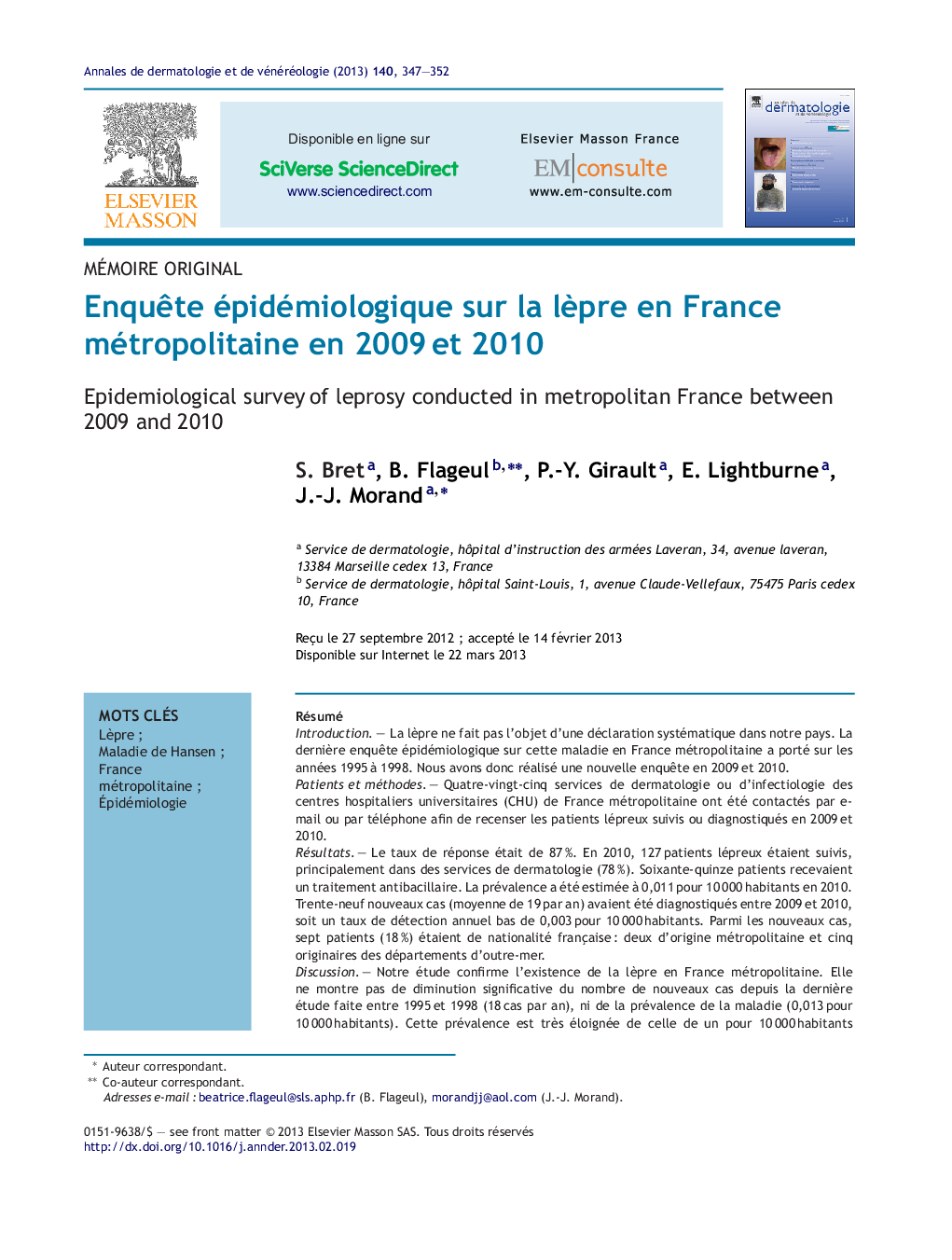 EnquÃªte épidémiologique sur la lÃ¨pre en France métropolitaine en 2009Â et 2010