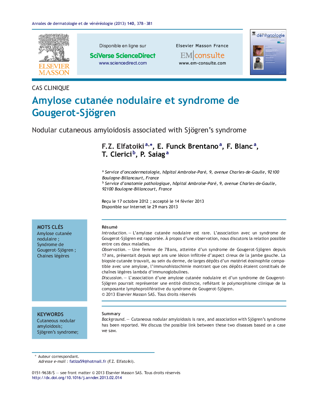 Amylose cutanée nodulaire et syndrome de Gougerot-Sjögren