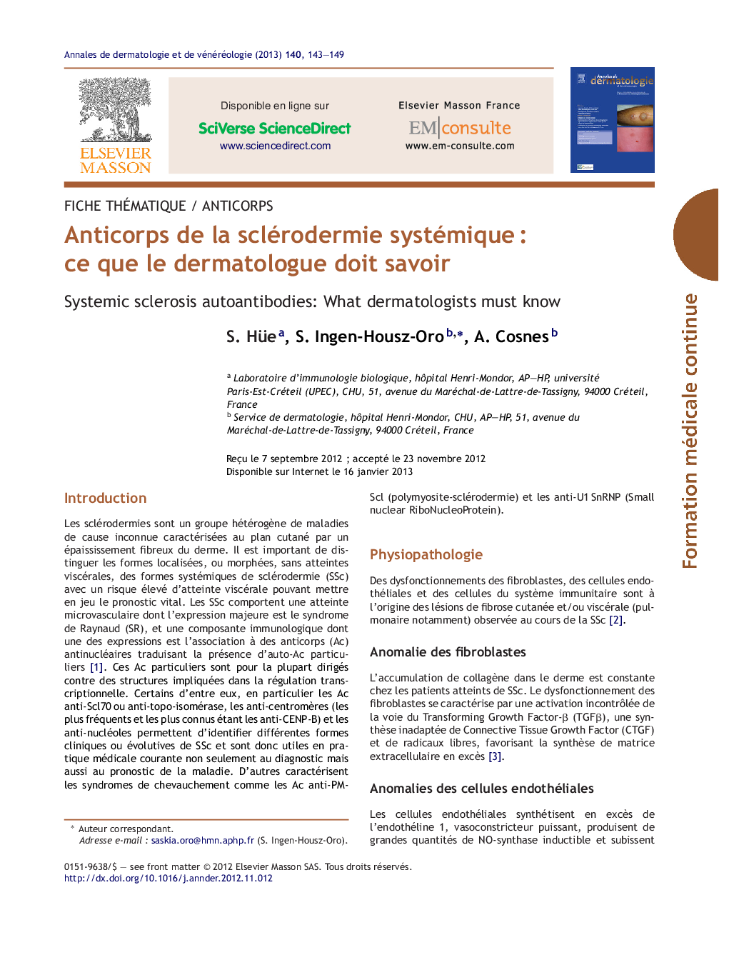 Anticorps de la sclérodermie systémiqueÂ : ce que le dermatologue doit savoir