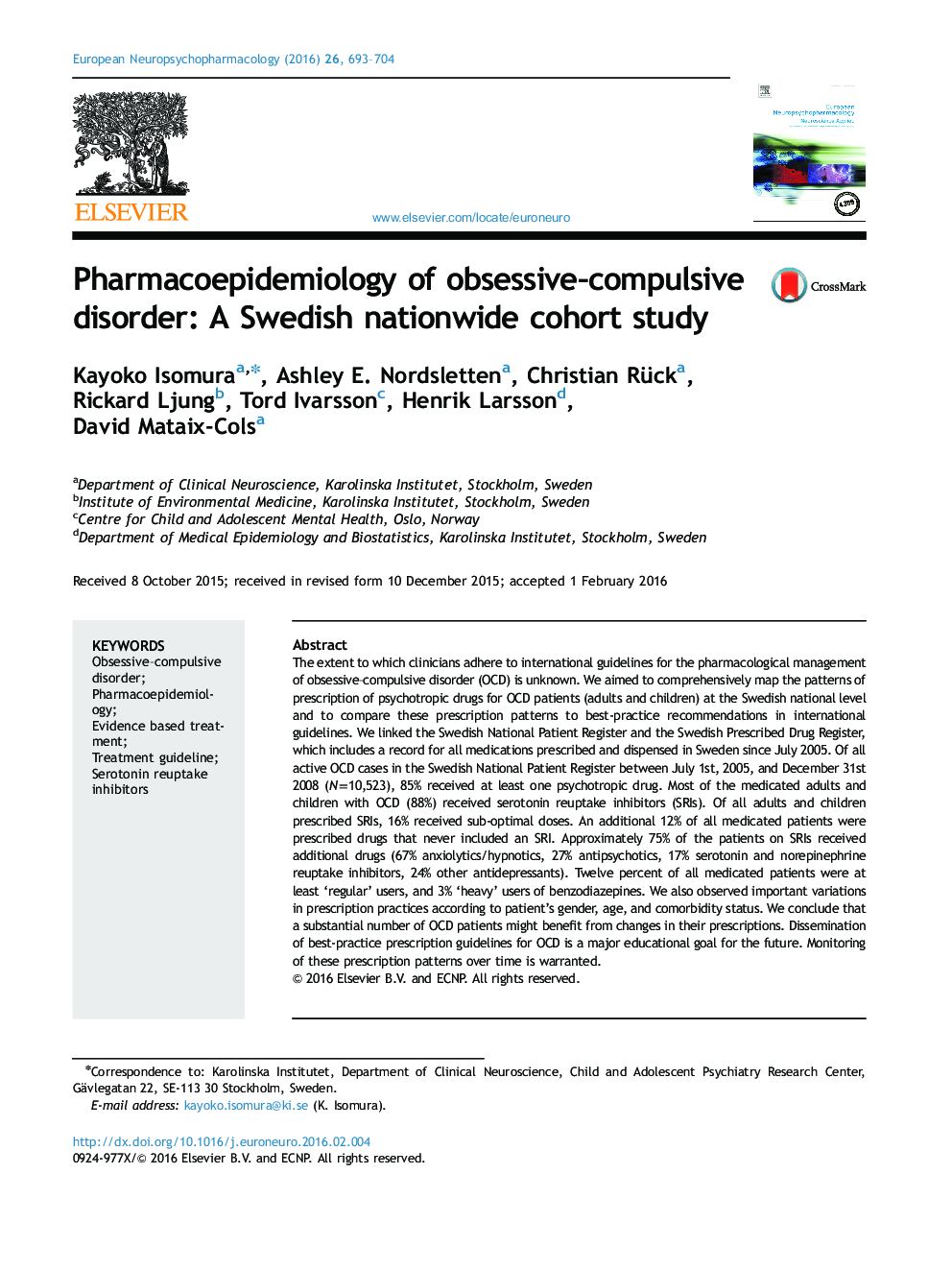 همه‌گیرشناسی دارویی از اختلال وسواس اجباری: مطالعه همگروهی در سراسر کشور سوئد