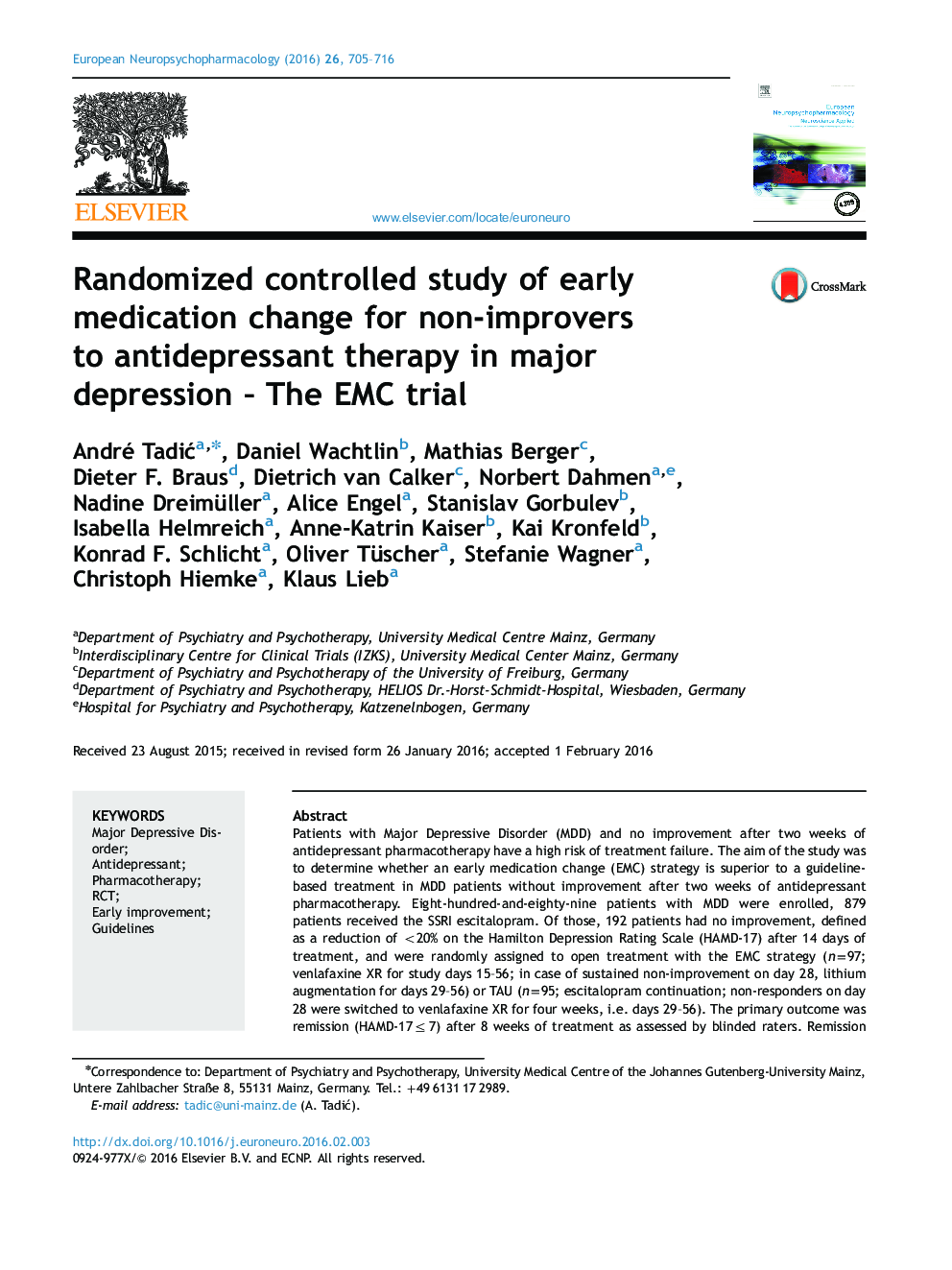 Randomized controlled study of early medication change for non-improvers to antidepressant therapy in major depression – The EMC trial