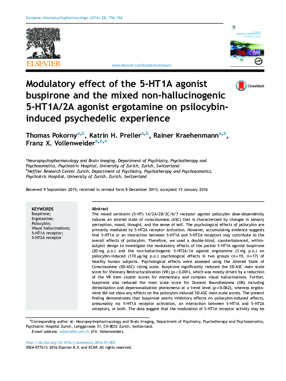 اثر تعدیلی بوسپیرون آگونیست 5 HT1A و ارگوتامین آگونیست 5-HT1A/2A غیرتوهم زای مخلوط بر تجربه روانگردان ناشی از psilocybin 