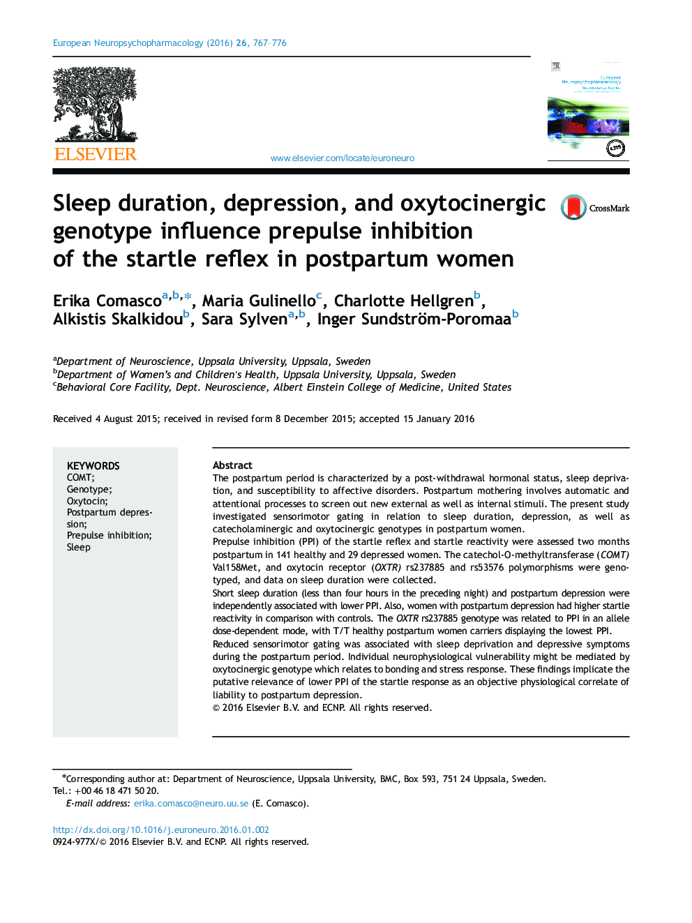 Sleep duration, depression, and oxytocinergic genotype influence prepulse inhibition of the startle reflex in postpartum women