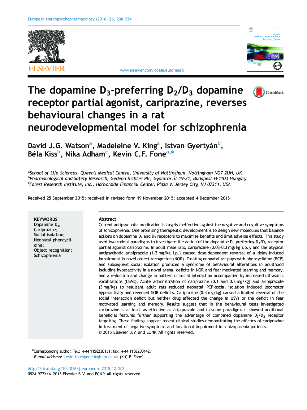 The dopamine D3-preferring D2/D3 dopamine receptor partial agonist, cariprazine, reverses behavioural changes in a rat neurodevelopmental model for schizophrenia