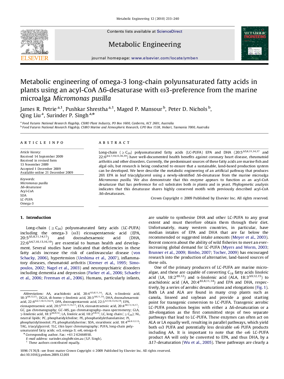 Metabolic engineering of omega-3 long-chain polyunsaturated fatty acids in plants using an acyl-CoA Δ6-desaturase with ω3-preference from the marine microalga Micromonas pusilla