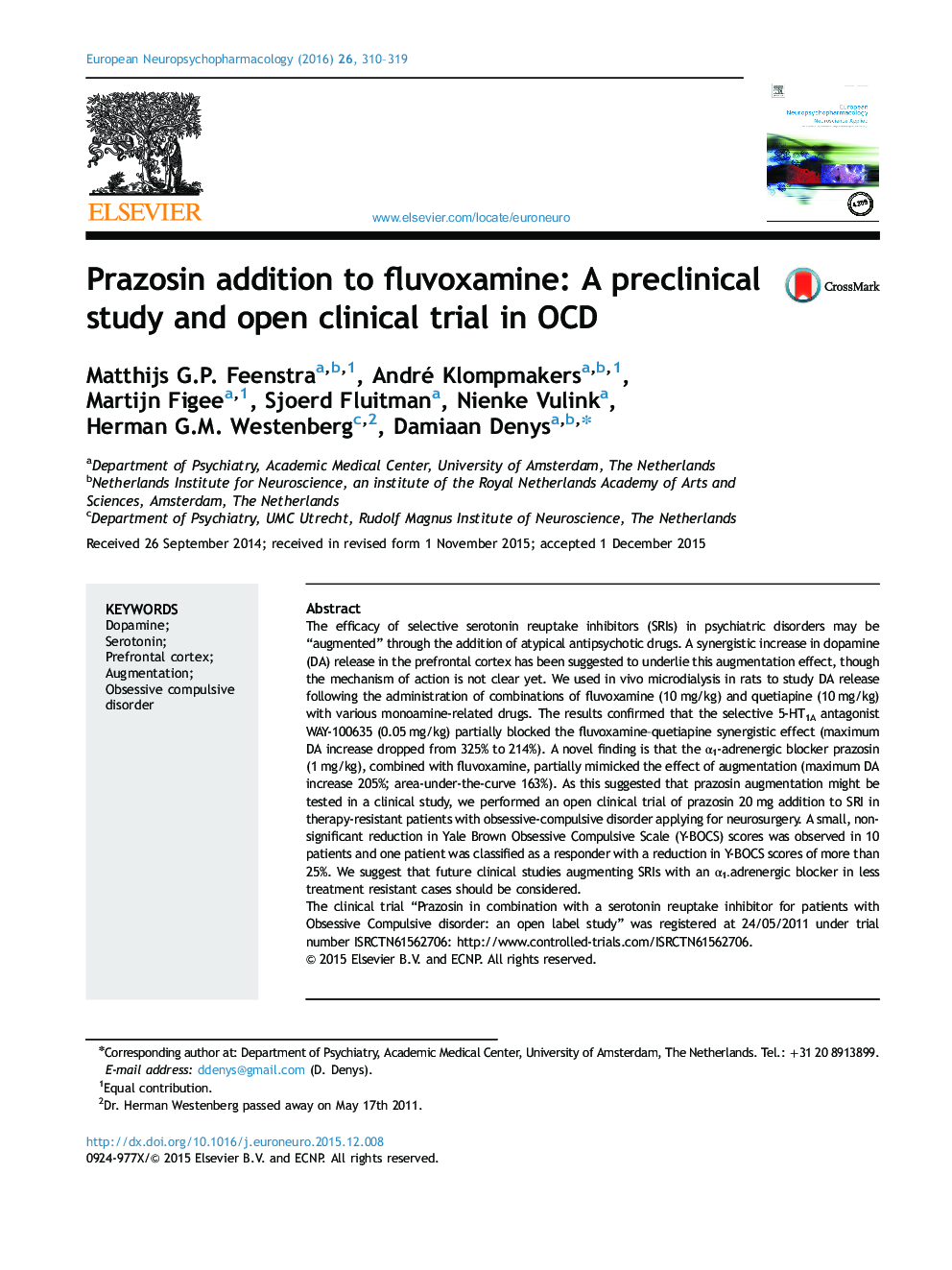 Prazosin addition to fluvoxamine: A preclinical study and open clinical trial in OCD