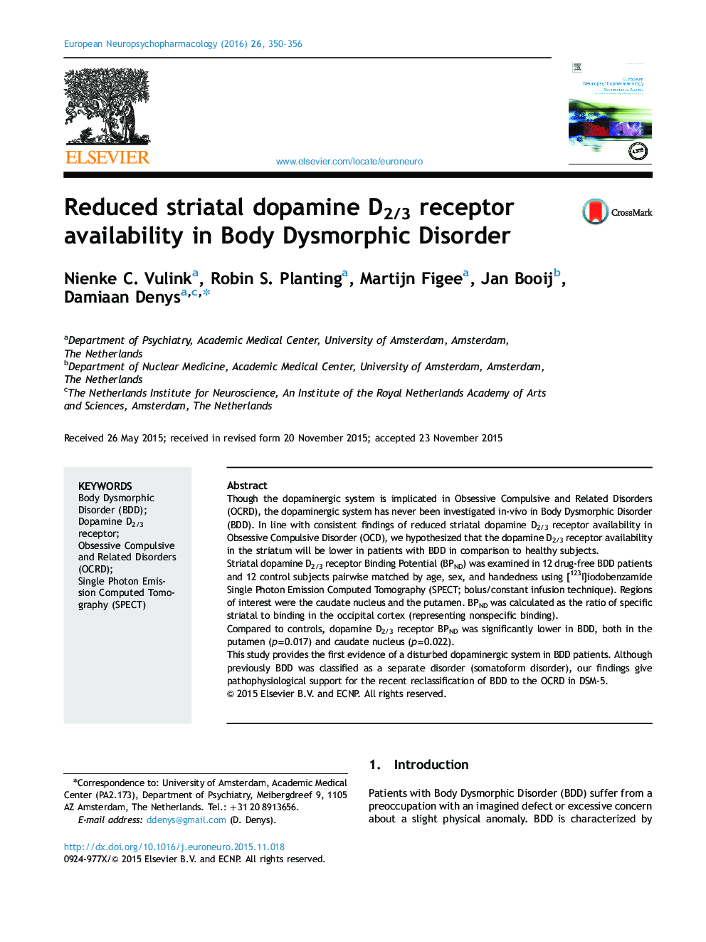 Reduced striatal dopamine D2/3 receptor availability in Body Dysmorphic Disorder