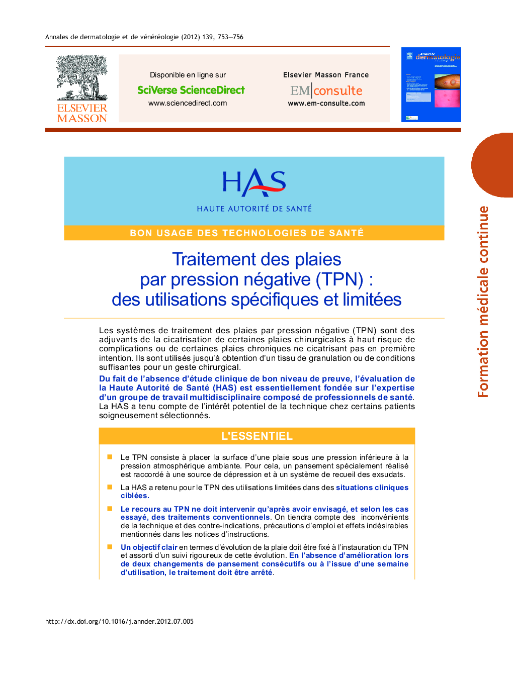 Fiche de bon usage Traitement des plaies par pression négative (TPN)Â : des utilisations spécifiques et limitées