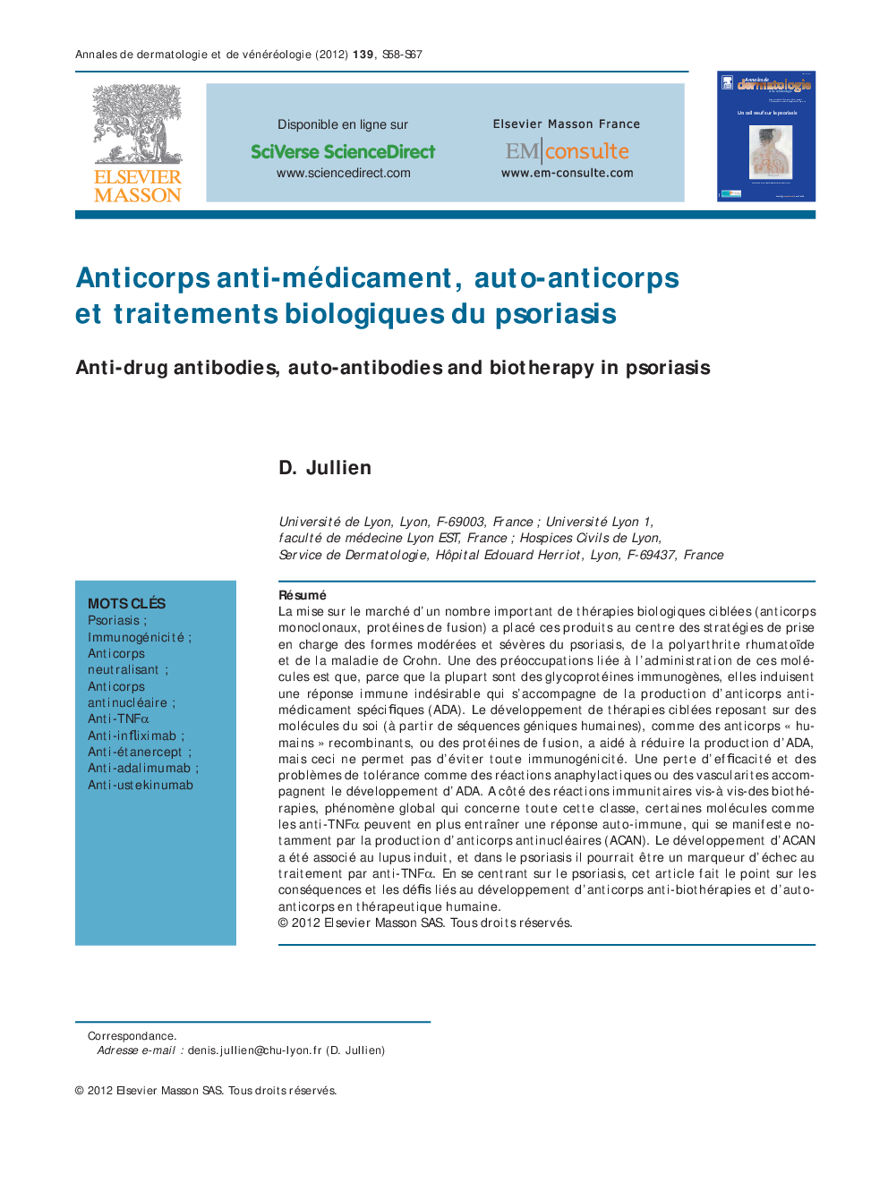 Anticorps anti-médicament, auto-anticorps et traitements biologiques du psoriasis