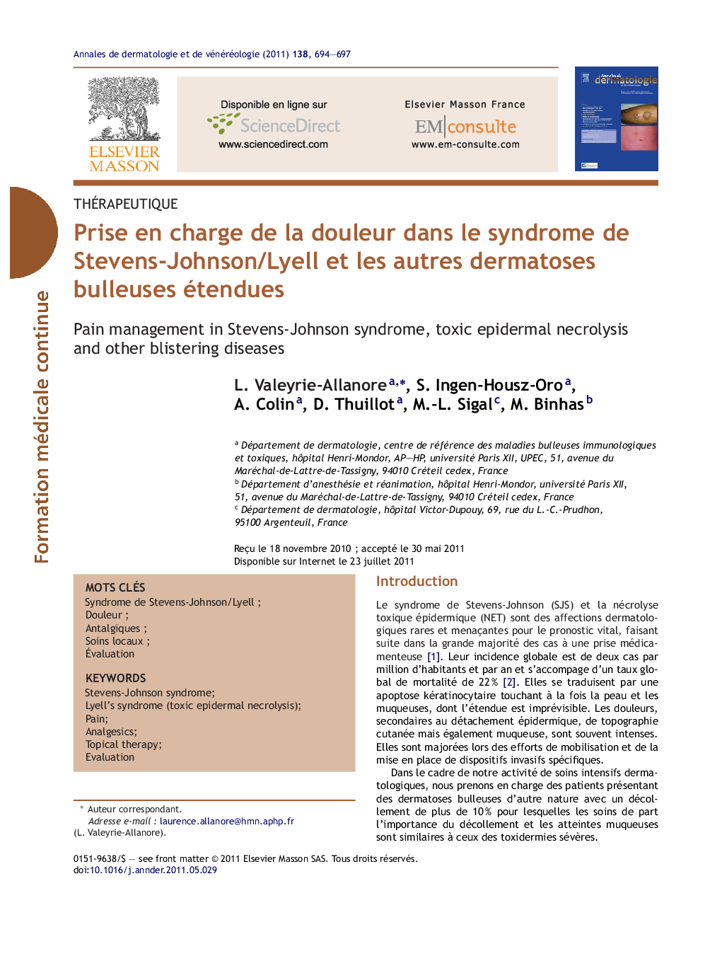 Prise en charge de la douleur dans le syndrome de Stevens-Johnson/Lyell et les autres dermatoses bulleuses étendues