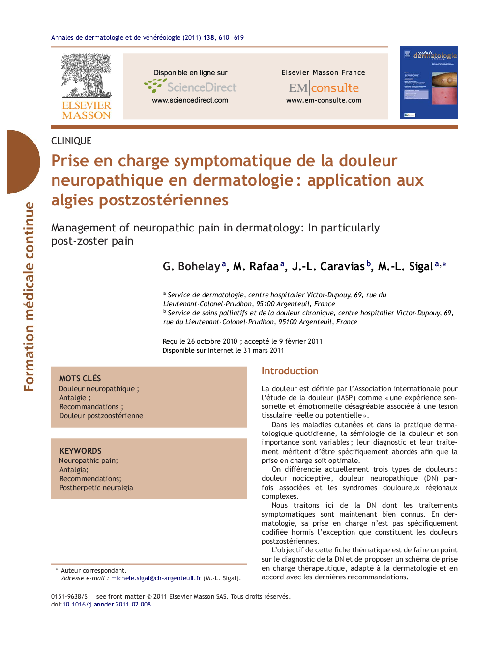 Prise en charge symptomatique de la douleur neuropathique en dermatologieÂ : application aux algies postzostériennes