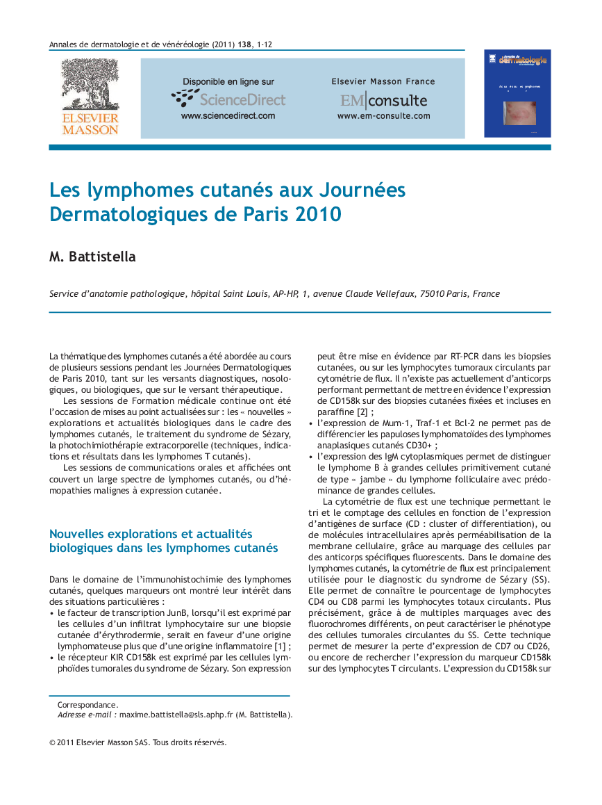 Les lymphomes cutanés aux Journées Dermatologiques de Paris 2010