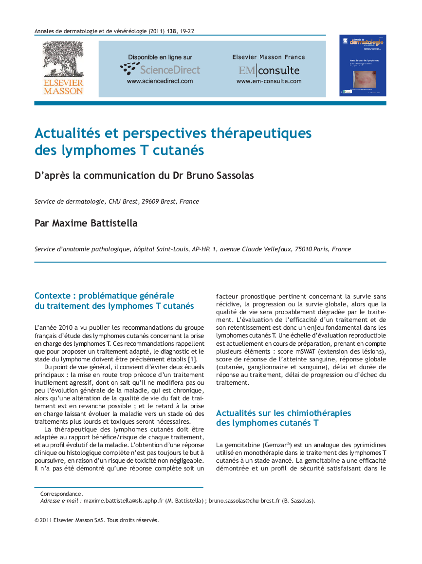 Actualités et perspectives thérapeutiques des lymphomes T cutanés