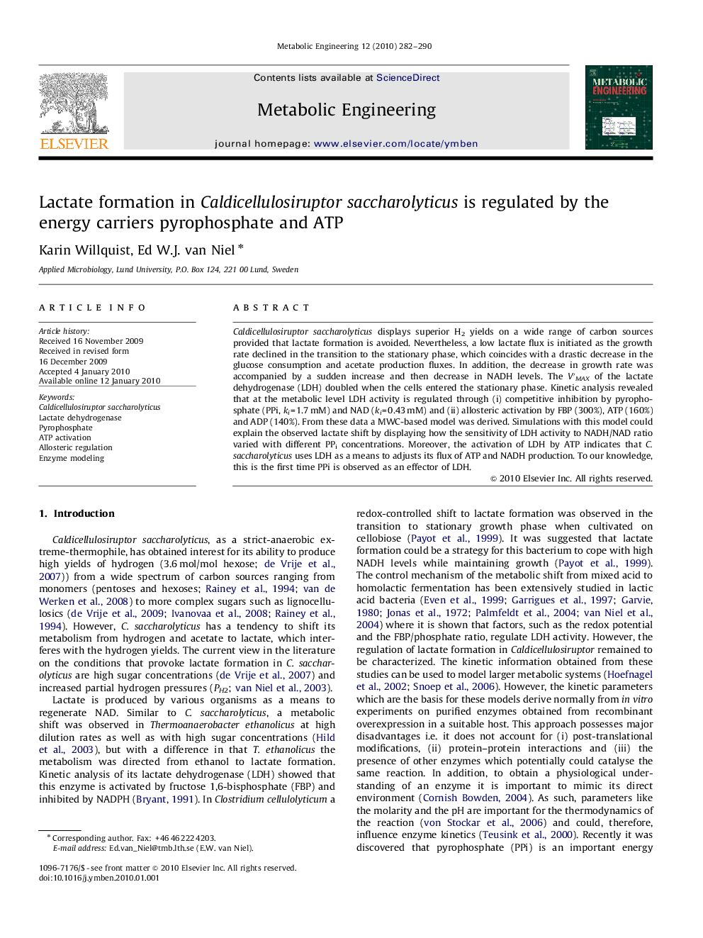 Lactate formation in Caldicellulosiruptor saccharolyticus is regulated by the energy carriers pyrophosphate and ATP