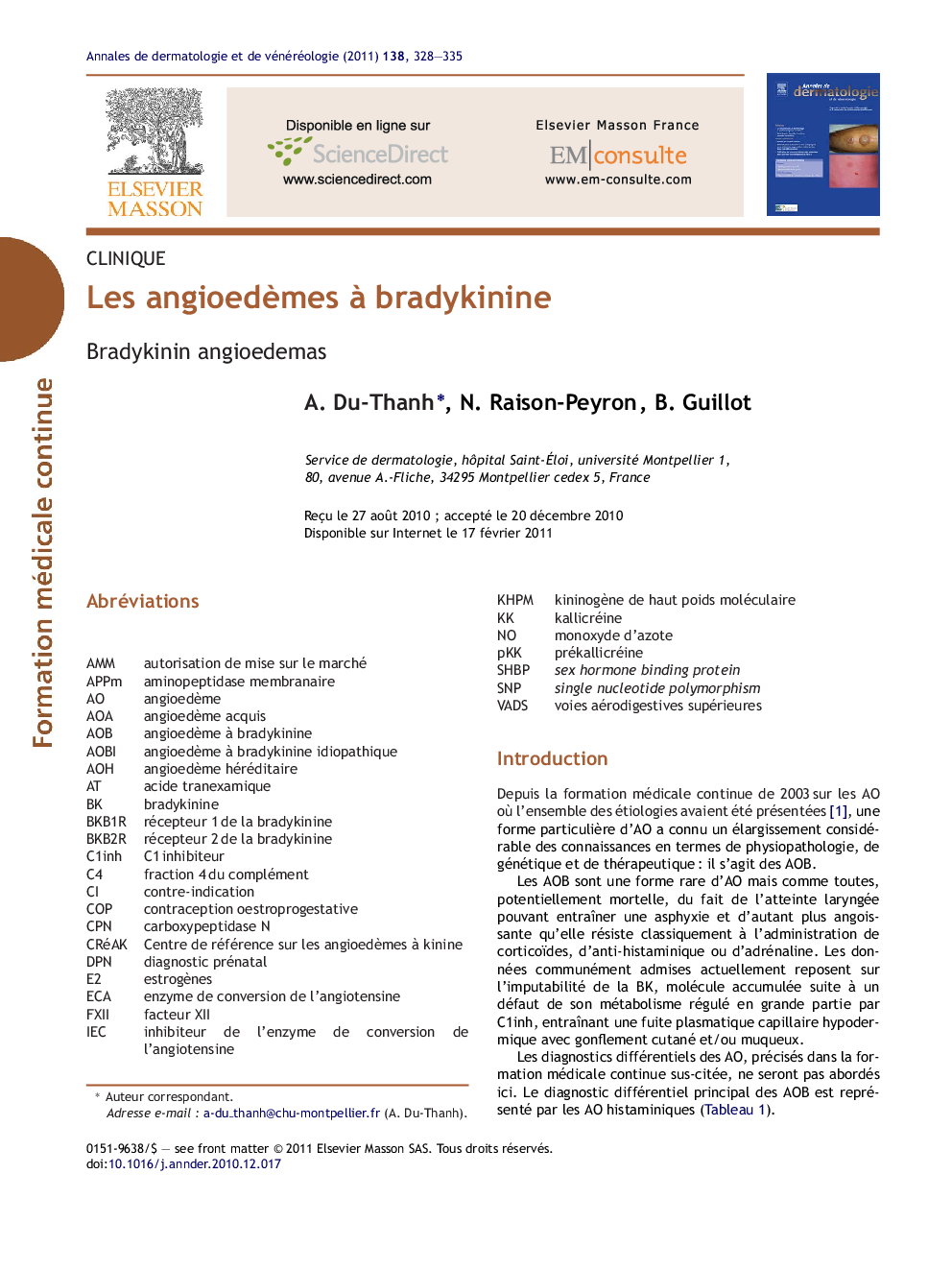 Les angioedÃ¨mes Ã  bradykinine