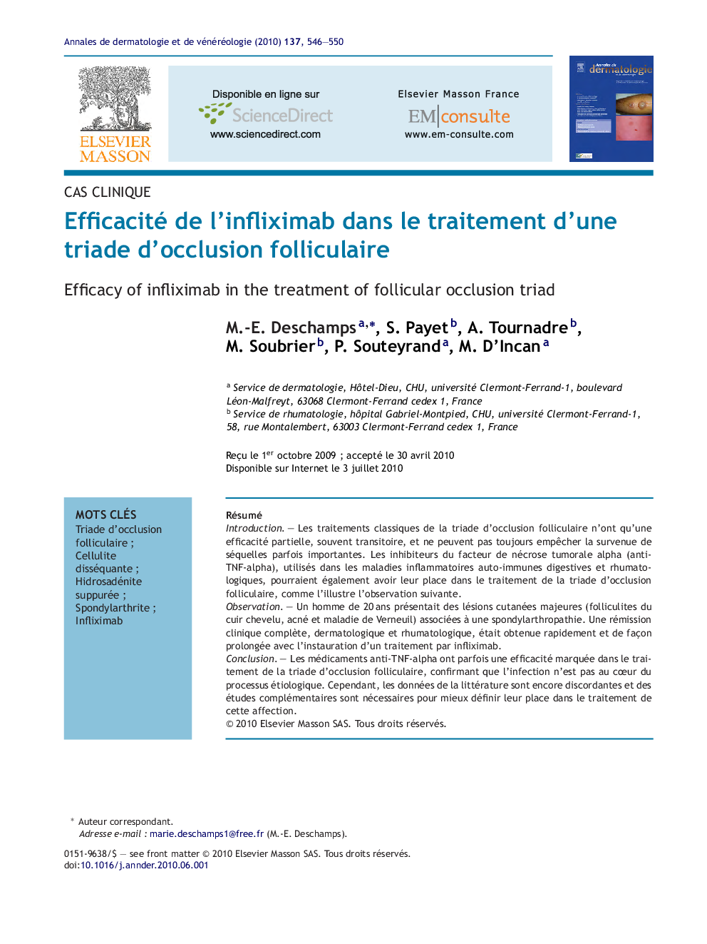 Efficacité de l'infliximab dans le traitement d'une triade d'occlusion folliculaire