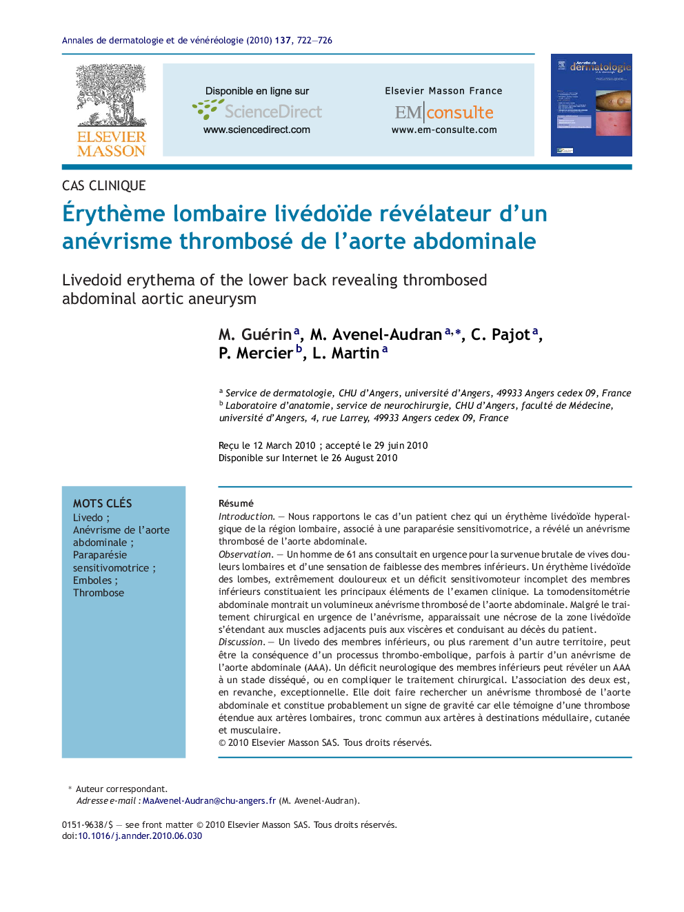 ÃrythÃ¨me lombaire livédoïde révélateur d'un anévrisme thrombosé de l'aorte abdominale