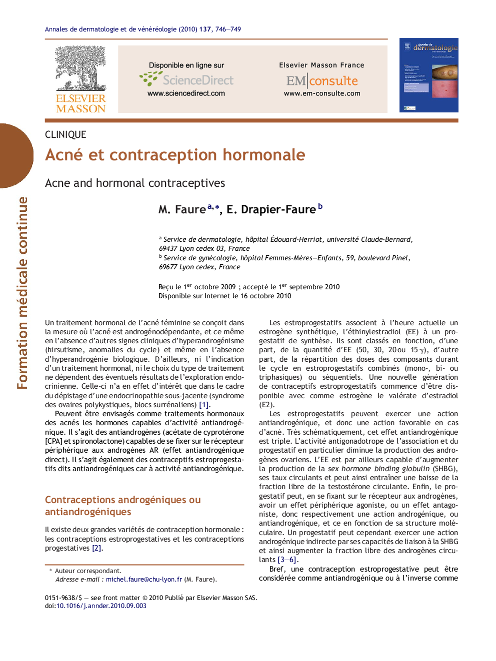 عکس صفحه اول مقاله: Acné et contraception hormonale Acné et contraception hormonale