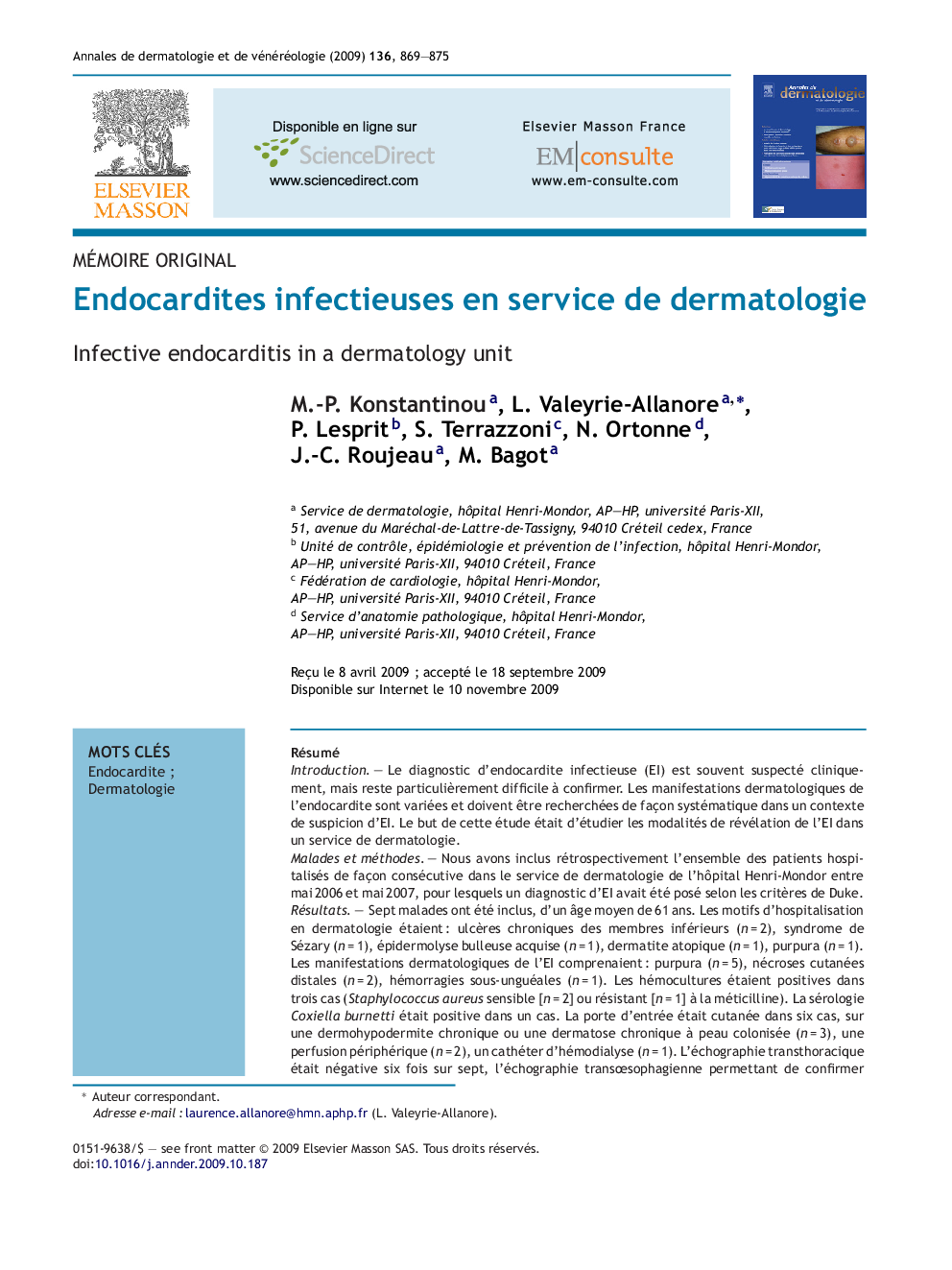 Endocardites infectieuses en service de dermatologie