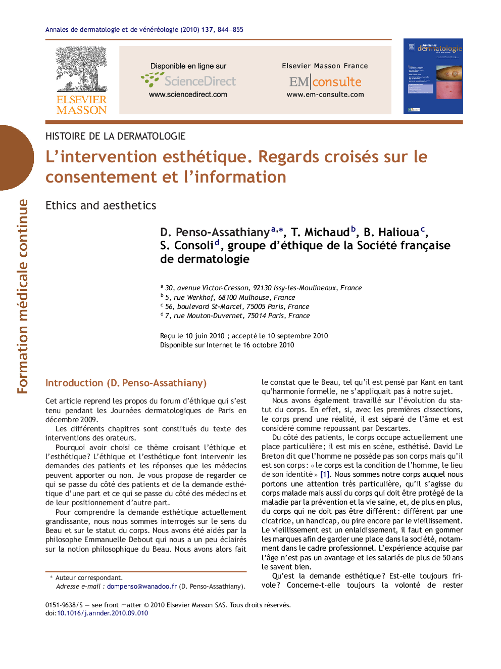 L'intervention esthétique. Regards croisés sur le consentement et l'information