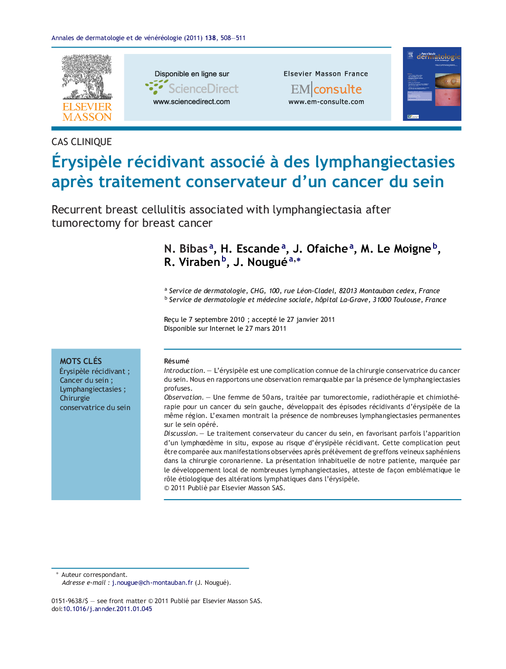 ÃrysipÃ¨le récidivant associé Ã  des lymphangiectasies aprÃ¨s traitement conservateur d'un cancer du sein