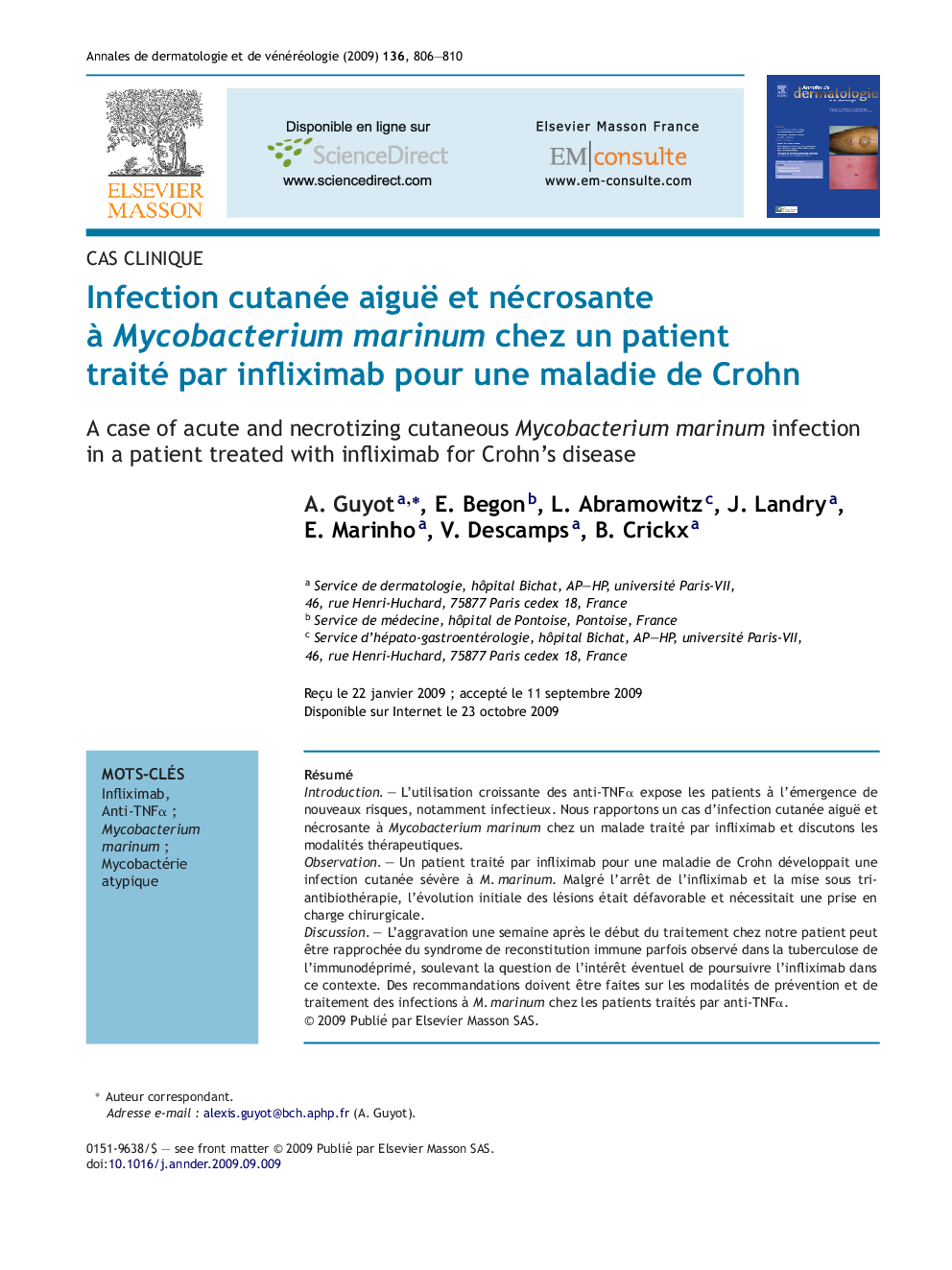 Infection cutanée aiguë et nécrosante Ã  Mycobacterium marinum chez un patient traité par infliximab pour une maladie de Crohn