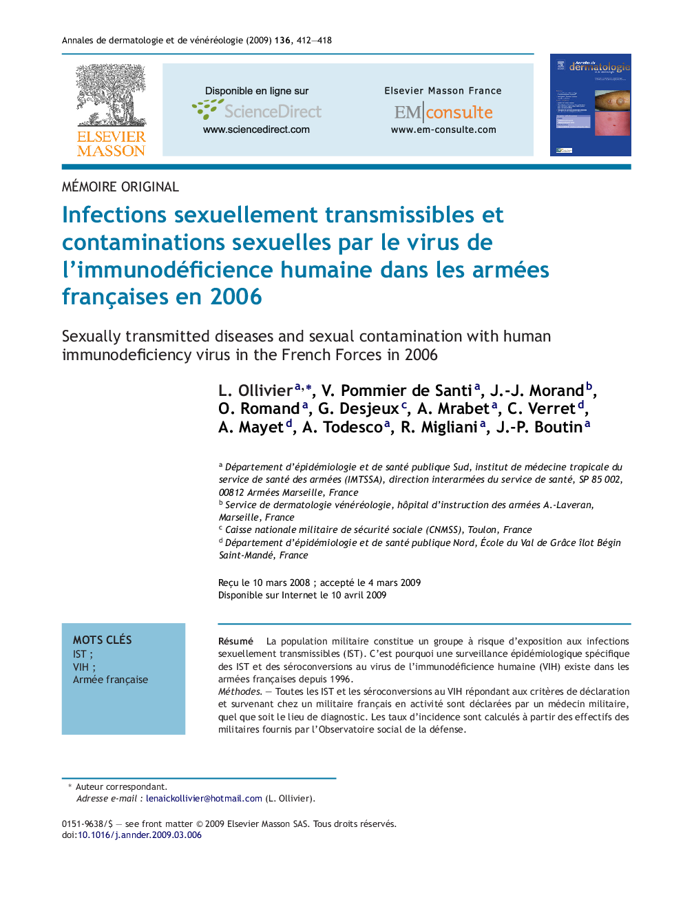 Infections sexuellement transmissibles et contaminations sexuelles par le virus de l'immunodéficience humaine dans les armées françaises en 2006