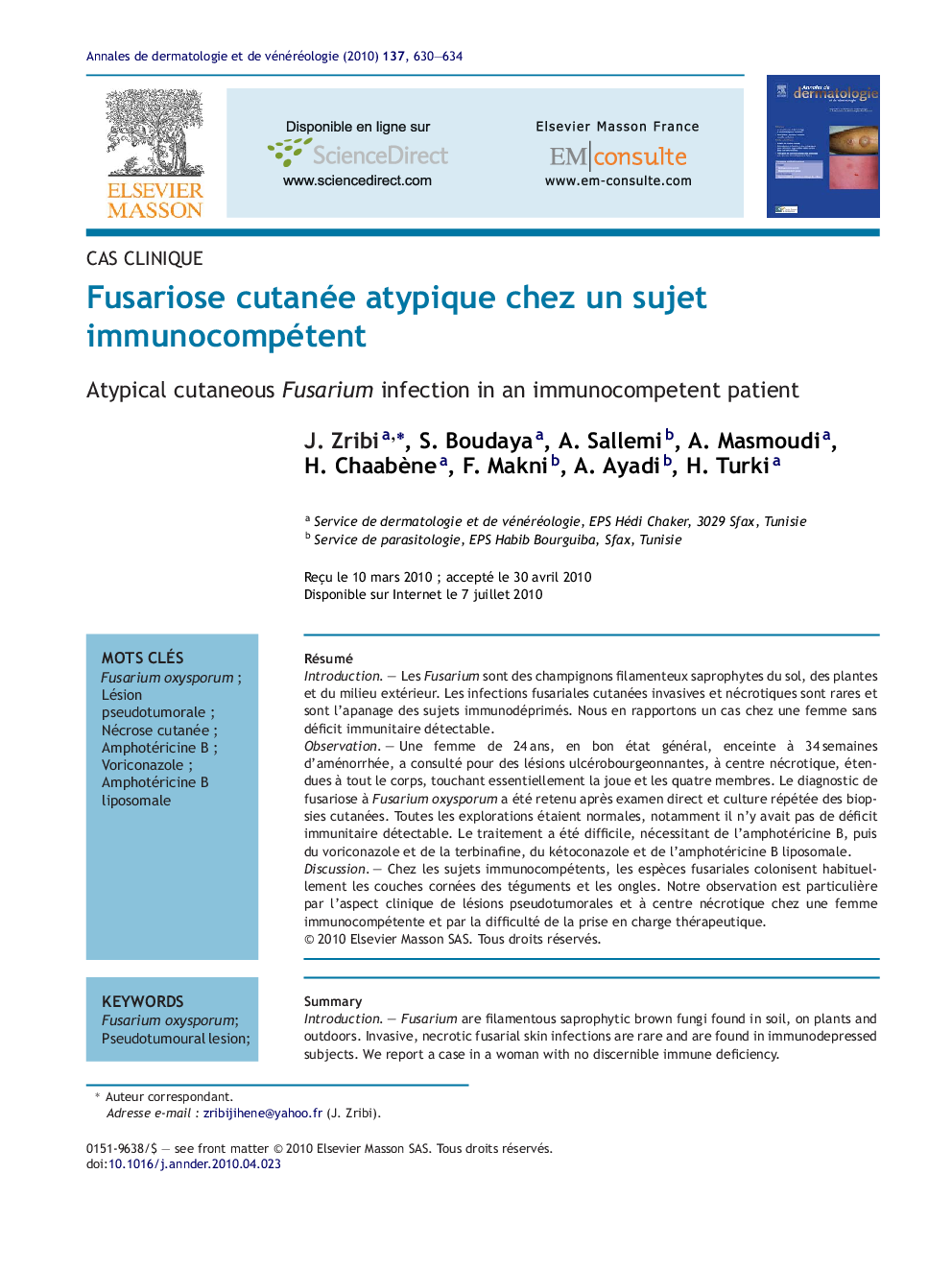 Fusariose cutanée atypique chez un sujet immunocompétent