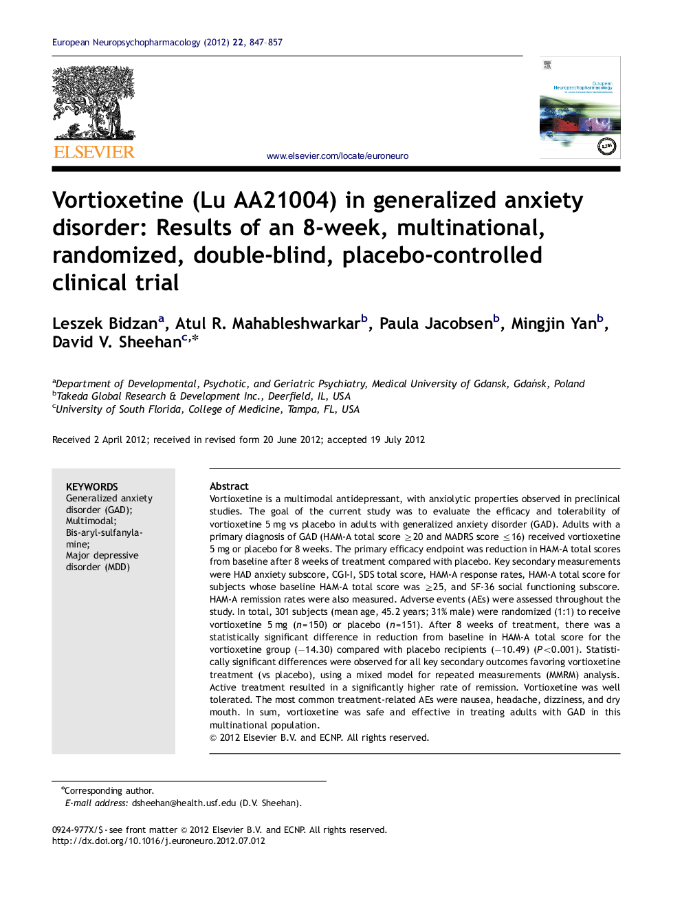 Vortioxetine (Lu AA21004) in generalized anxiety disorder: Results of an 8-week, multinational, randomized, double-blind, placebo-controlled clinical trial