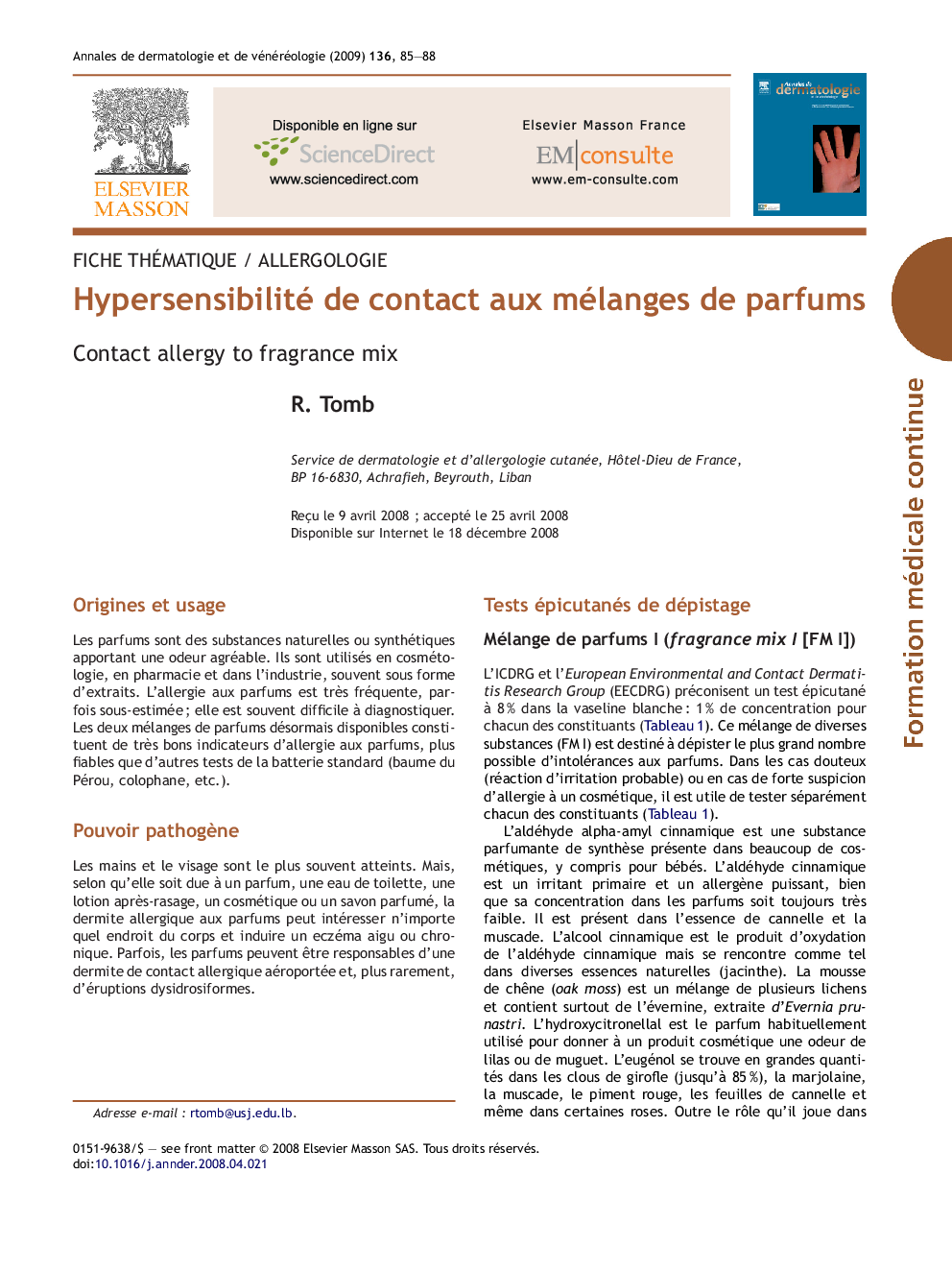 Hypersensibilité de contact aux mélanges de parfums