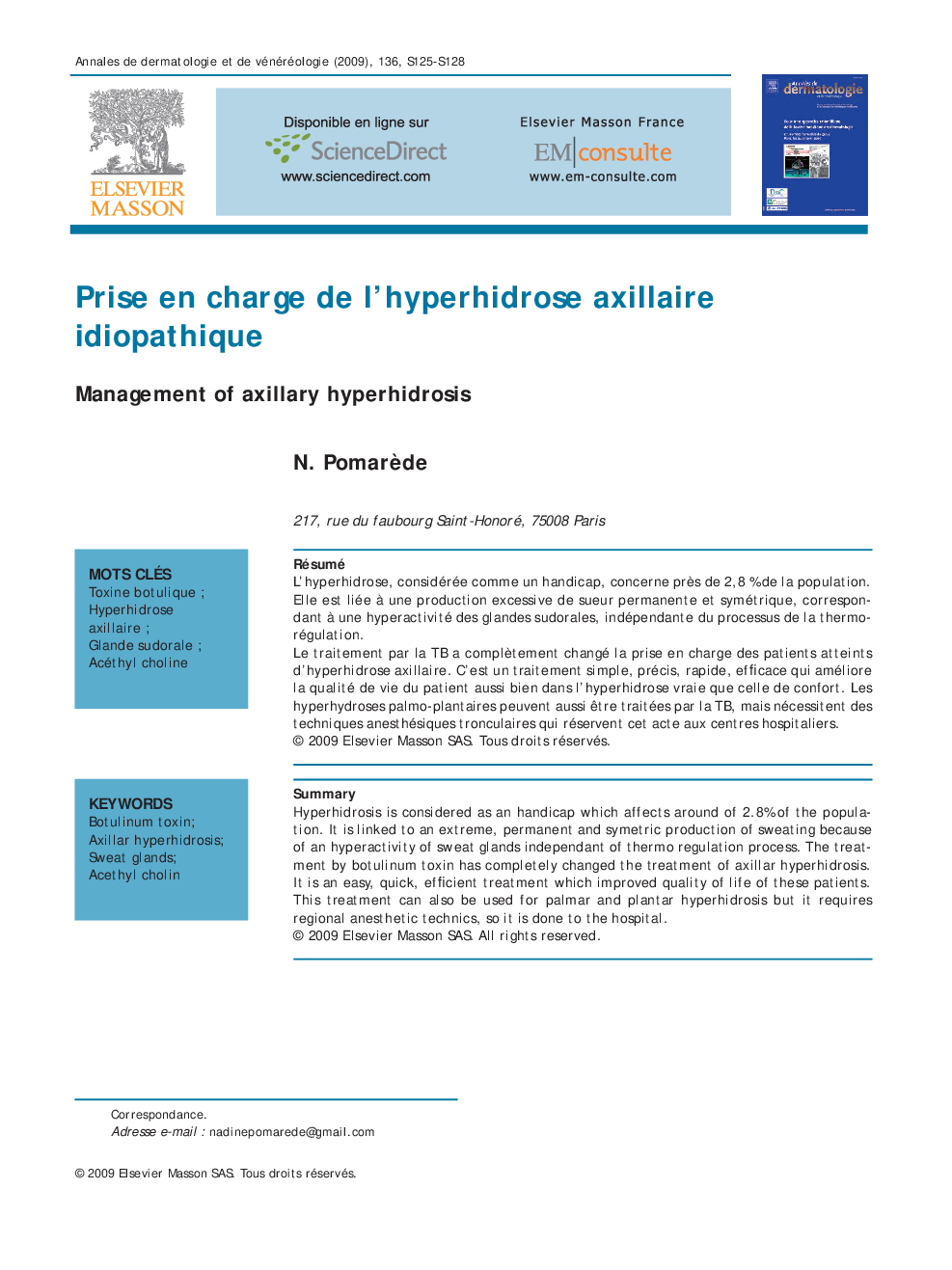 Prise en charge de l'hyperhidrose axillaire idiopathique