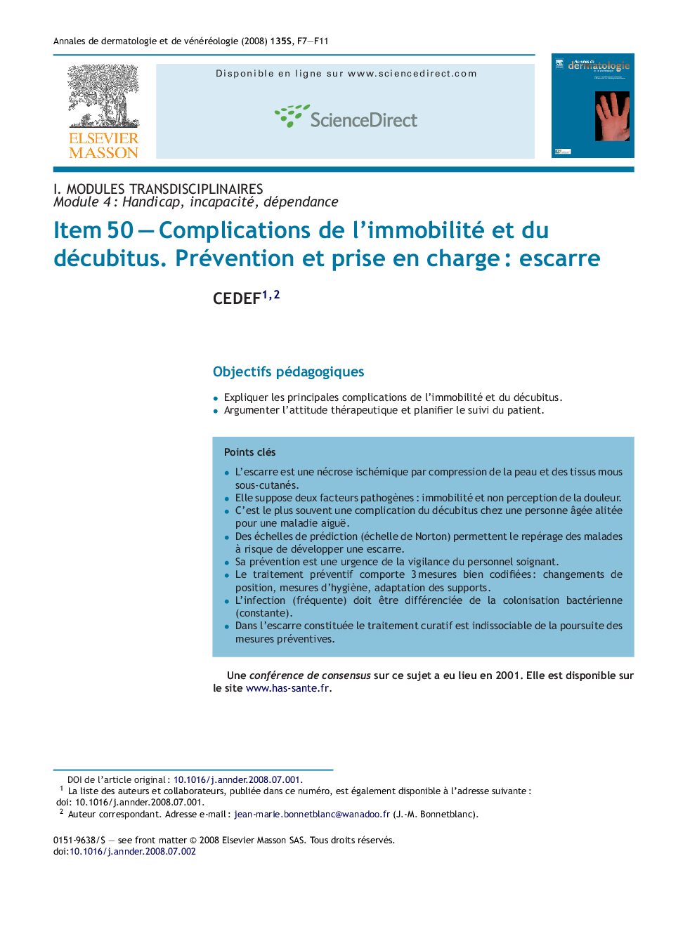 ItemÂ 50Â -Â Complications de l'immobilité et du décubitus. Prévention et prise en chargeÂ : escarre