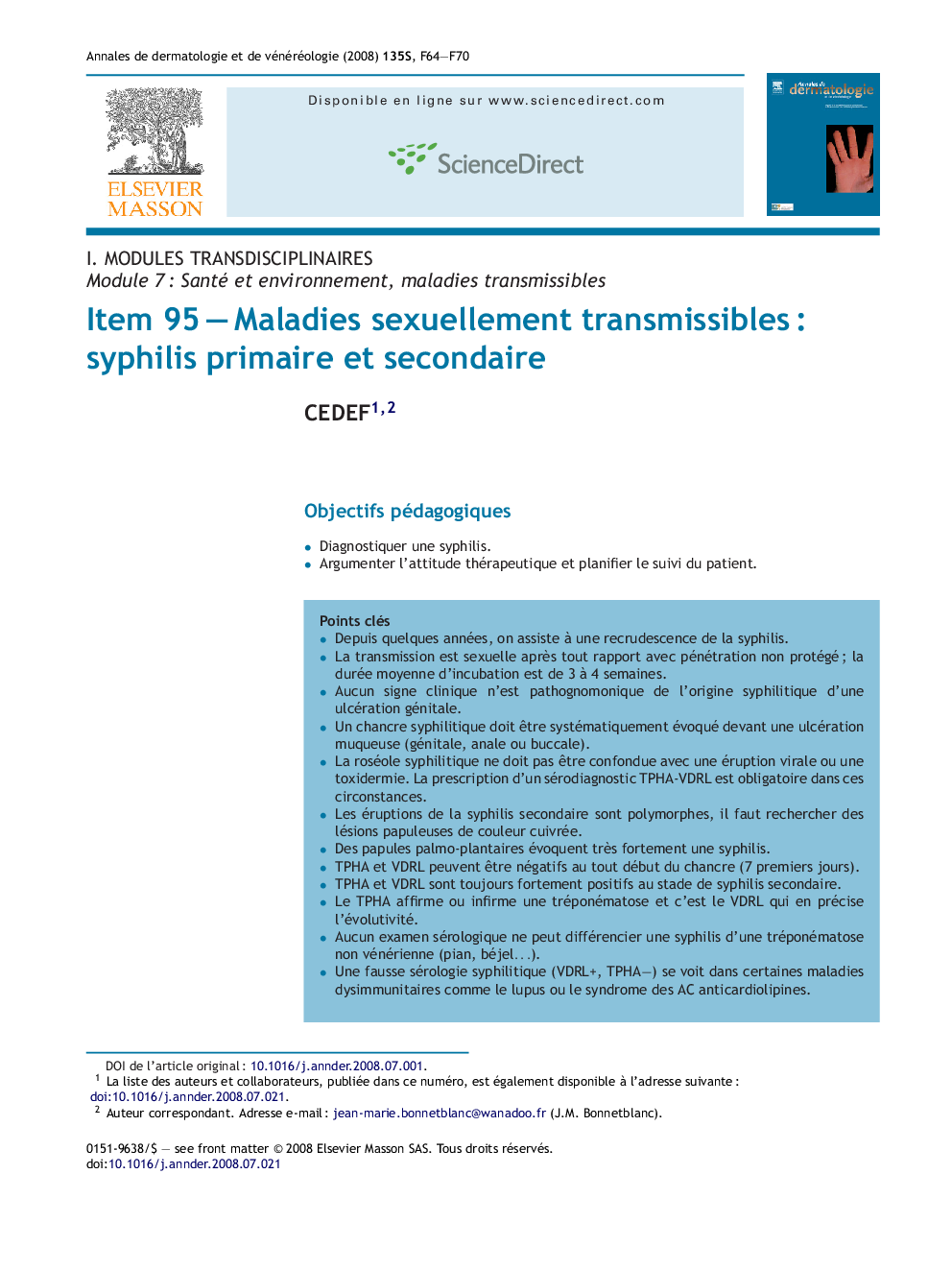 Item 95Â -Â Maladies sexuellement transmissiblesÂ : syphilis primaire et secondaire