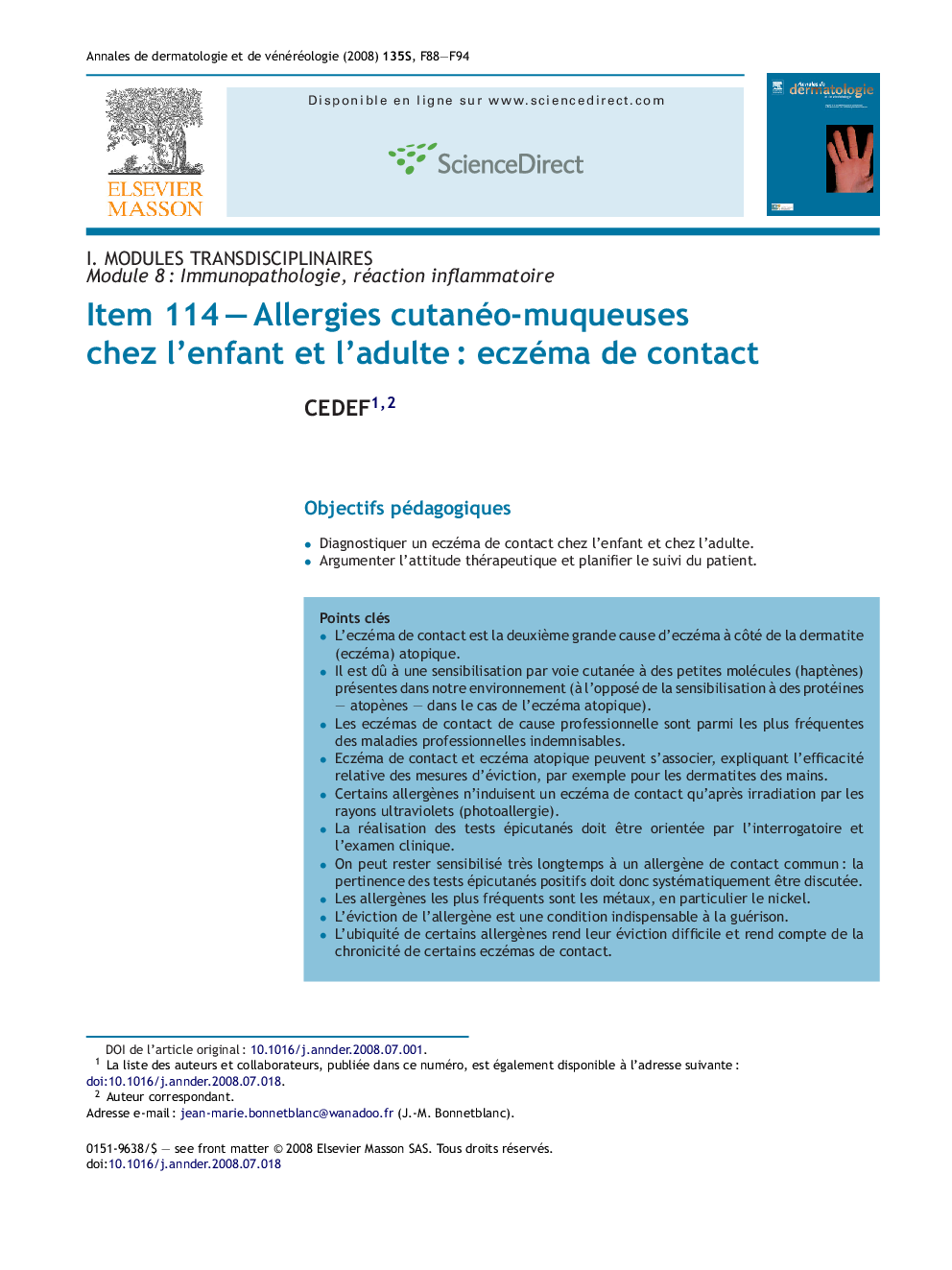 Item 114Â -Â Allergies cutanéo-muqueuses chez l'enfant et l'adulteÂ : eczéma de contact