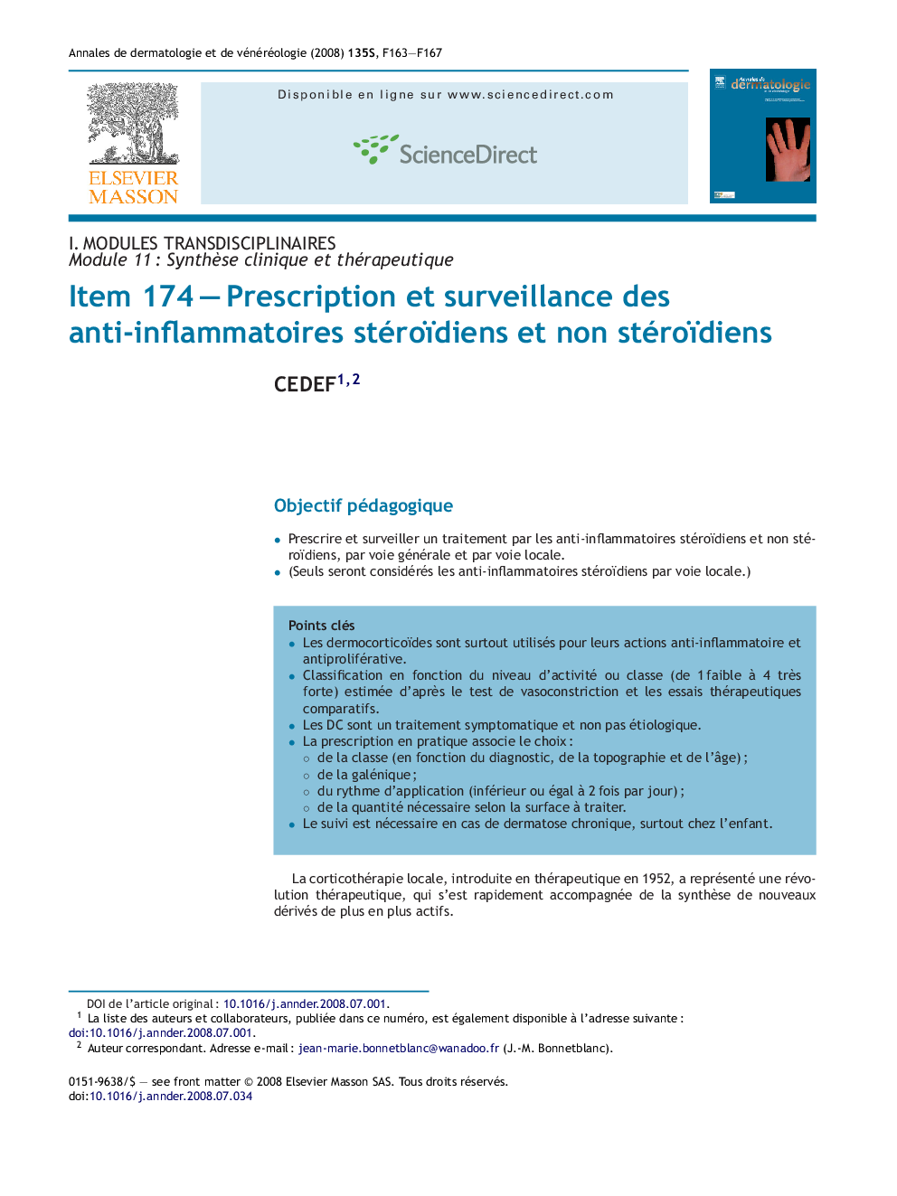 Item 174Â -Â Prescription et surveillance des anti-inflammatoires stéroïdiens et non stéroïdiens