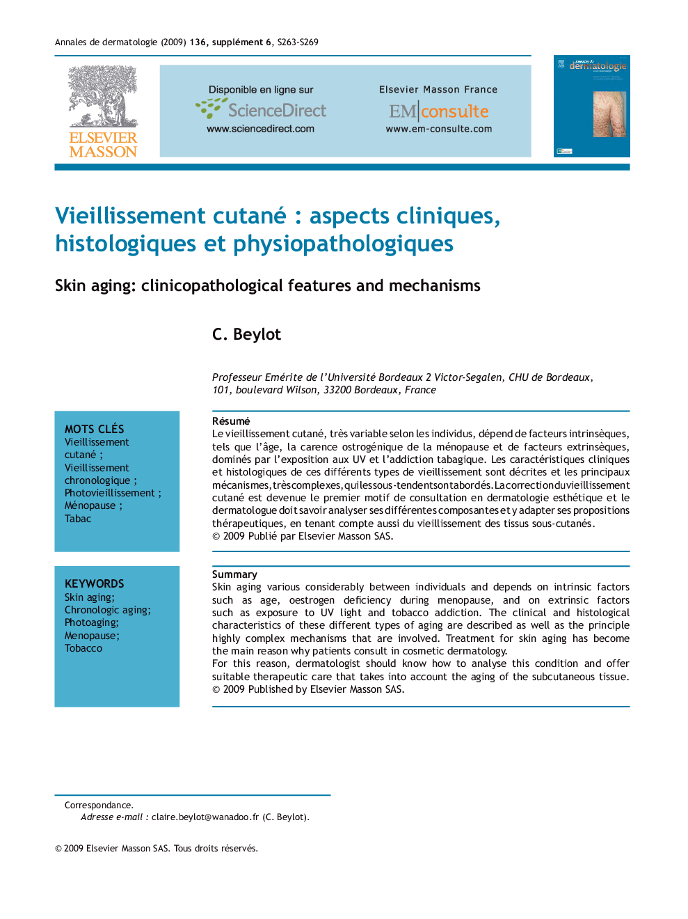 Vieillissement cutané : aspects cliniques, histologiques et physiopathologiques