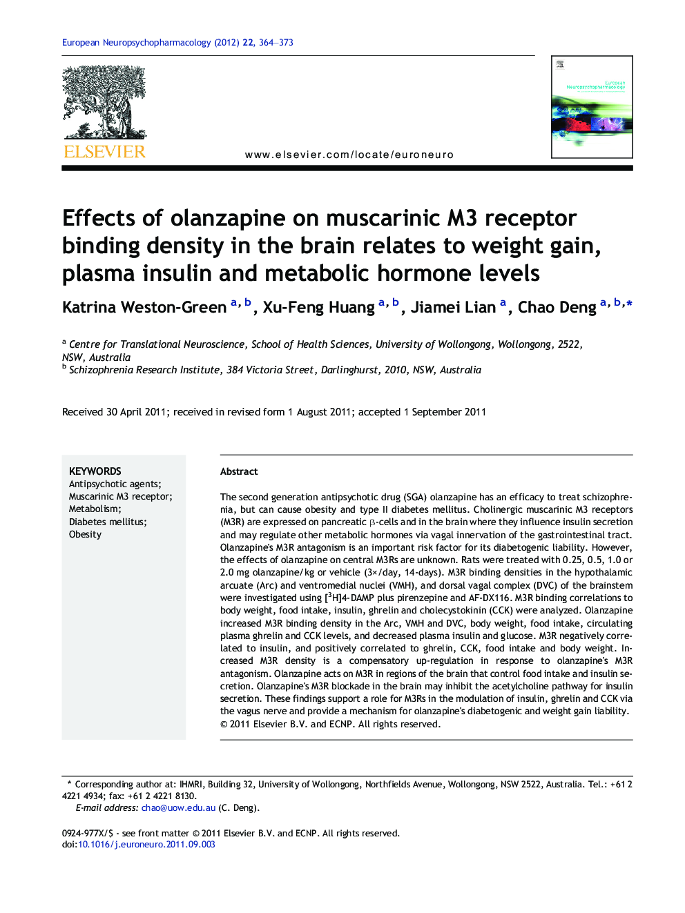 Effects of olanzapine on muscarinic M3 receptor binding density in the brain relates to weight gain, plasma insulin and metabolic hormone levels