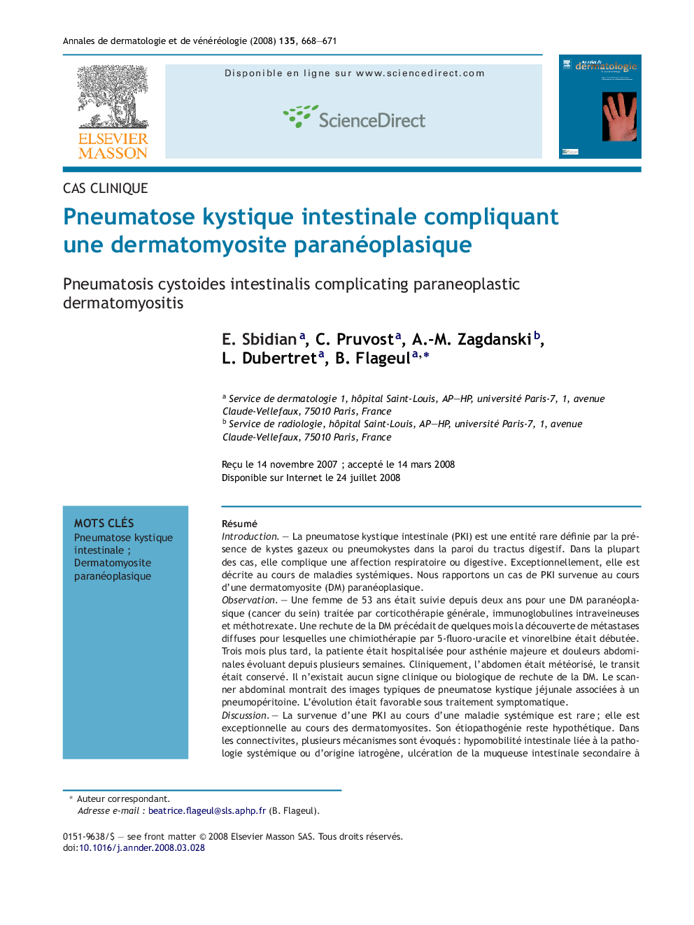 Pneumatose kystique intestinale compliquant une dermatomyosite paranéoplasique