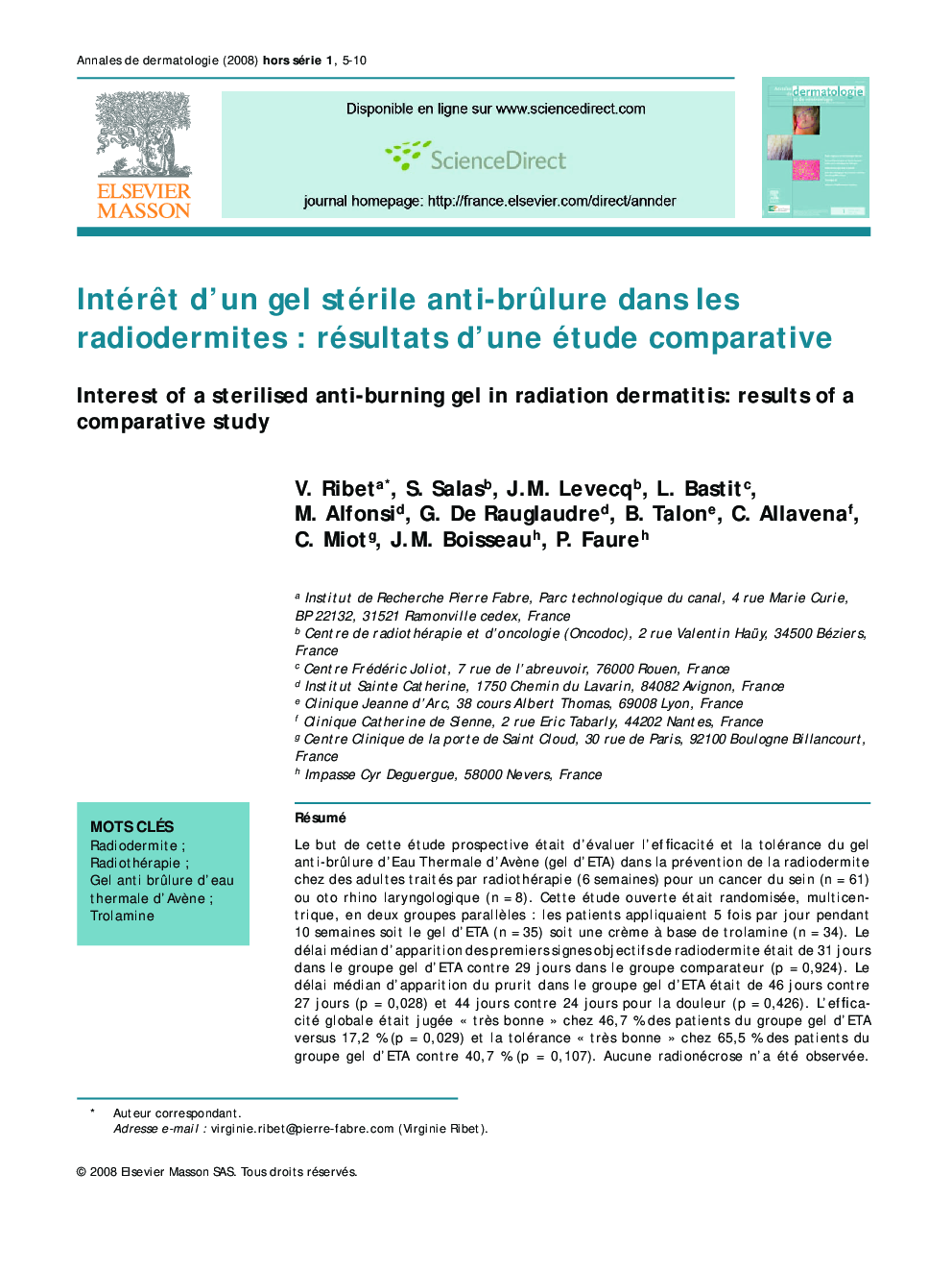 IntérÃªt d'un gel stérile anti-brÃ»lure dans les radiodermites : résultats d'une étude comparative