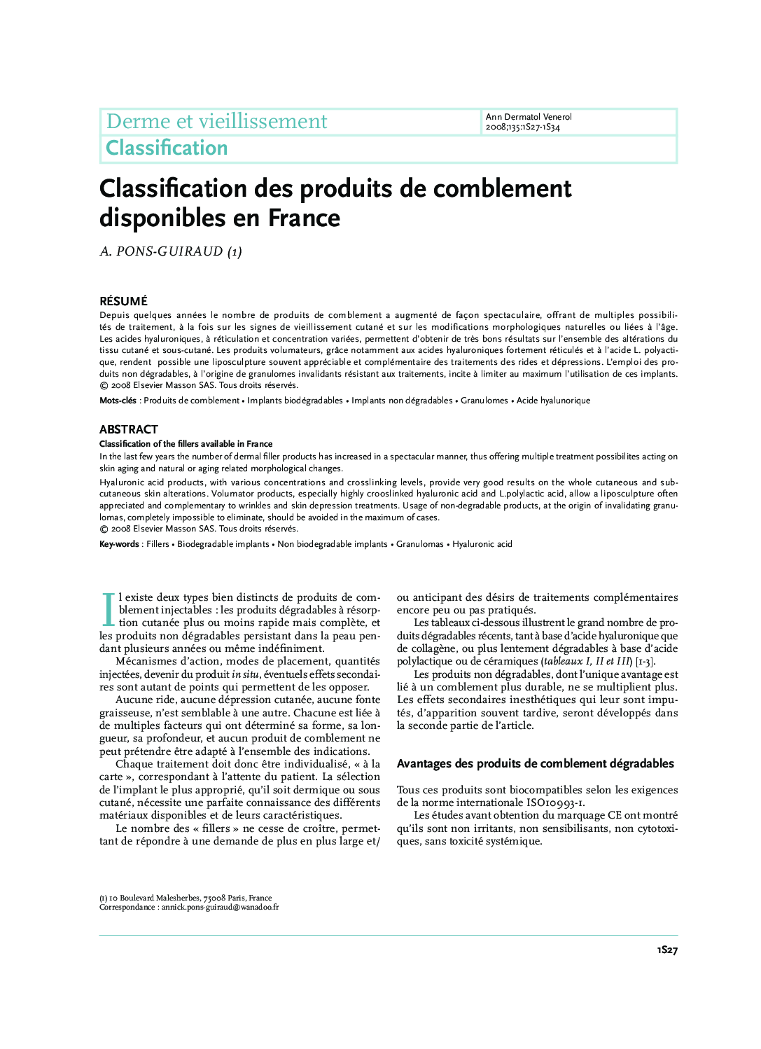 Classification des produits de comblement disponibles en France