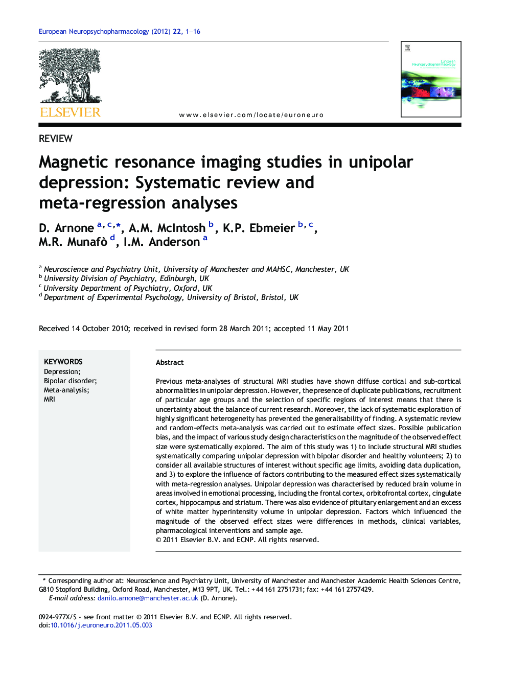Magnetic resonance imaging studies in unipolar depression: Systematic review and meta-regression analyses