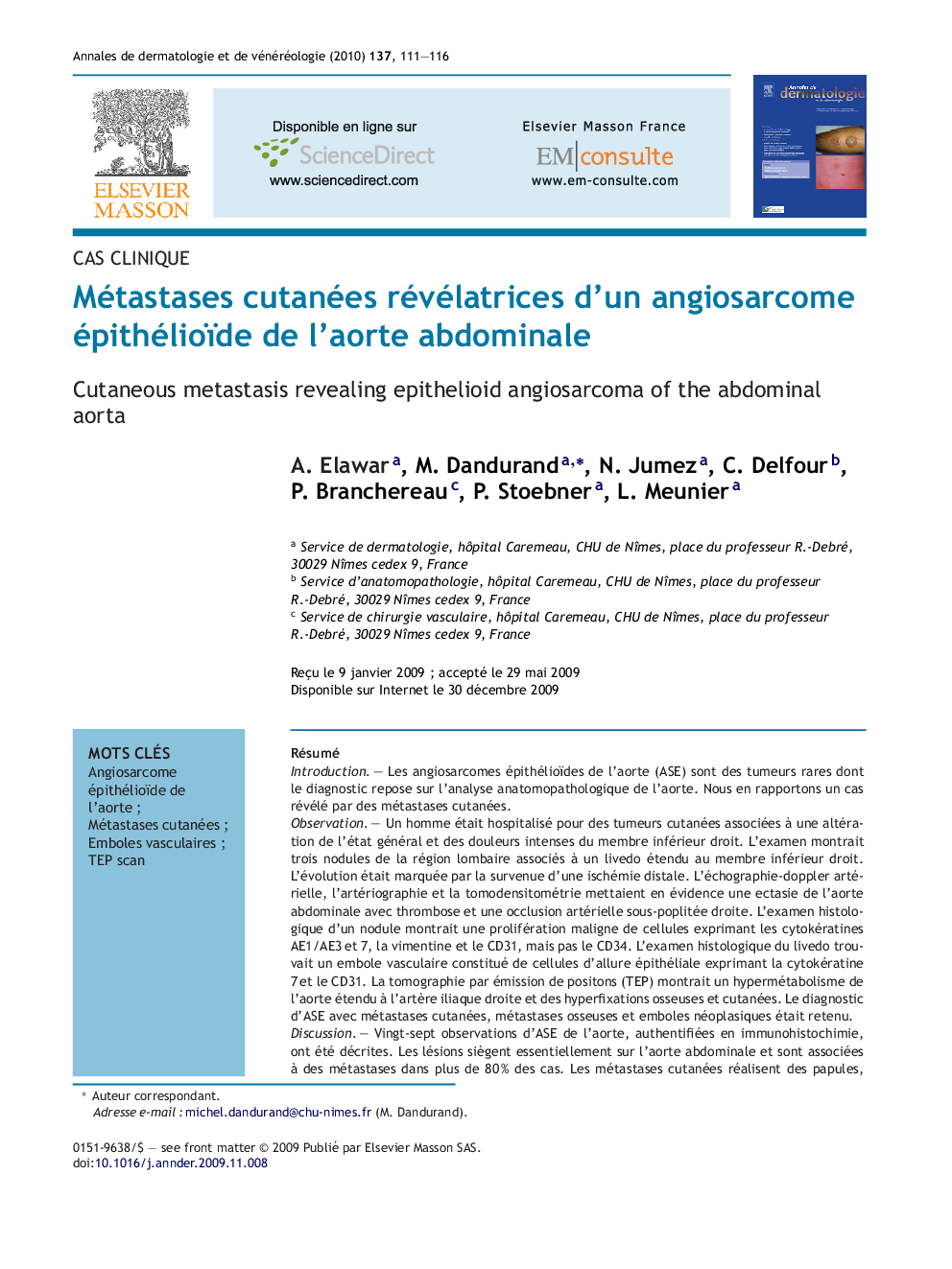 Métastases cutanées révélatrices d'un angiosarcome épithélioïde de l'aorte abdominale