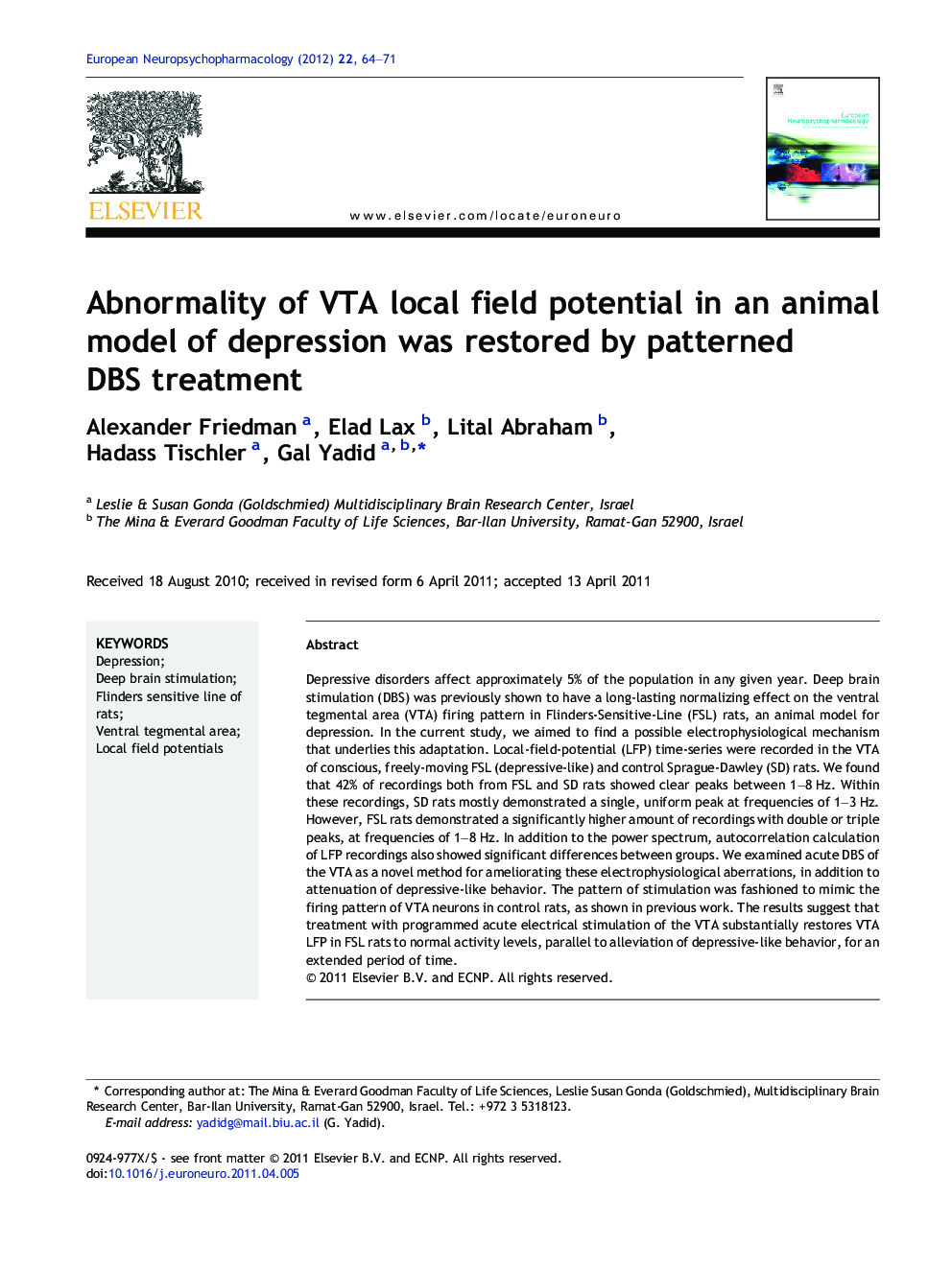Abnormality of VTA local field potential in an animal model of depression was restored by patterned DBS treatment