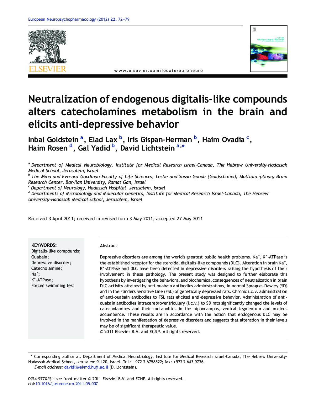 Neutralization of endogenous digitalis-like compounds alters catecholamines metabolism in the brain and elicits anti-depressive behavior