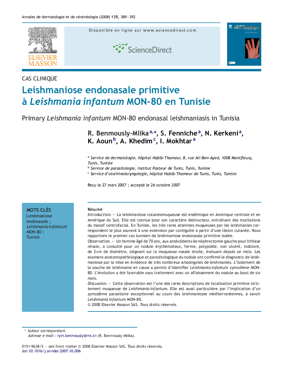 Leishmaniose endonasale primitive Ã  LeishmaniaÂ infantum MON-80 en Tunisie